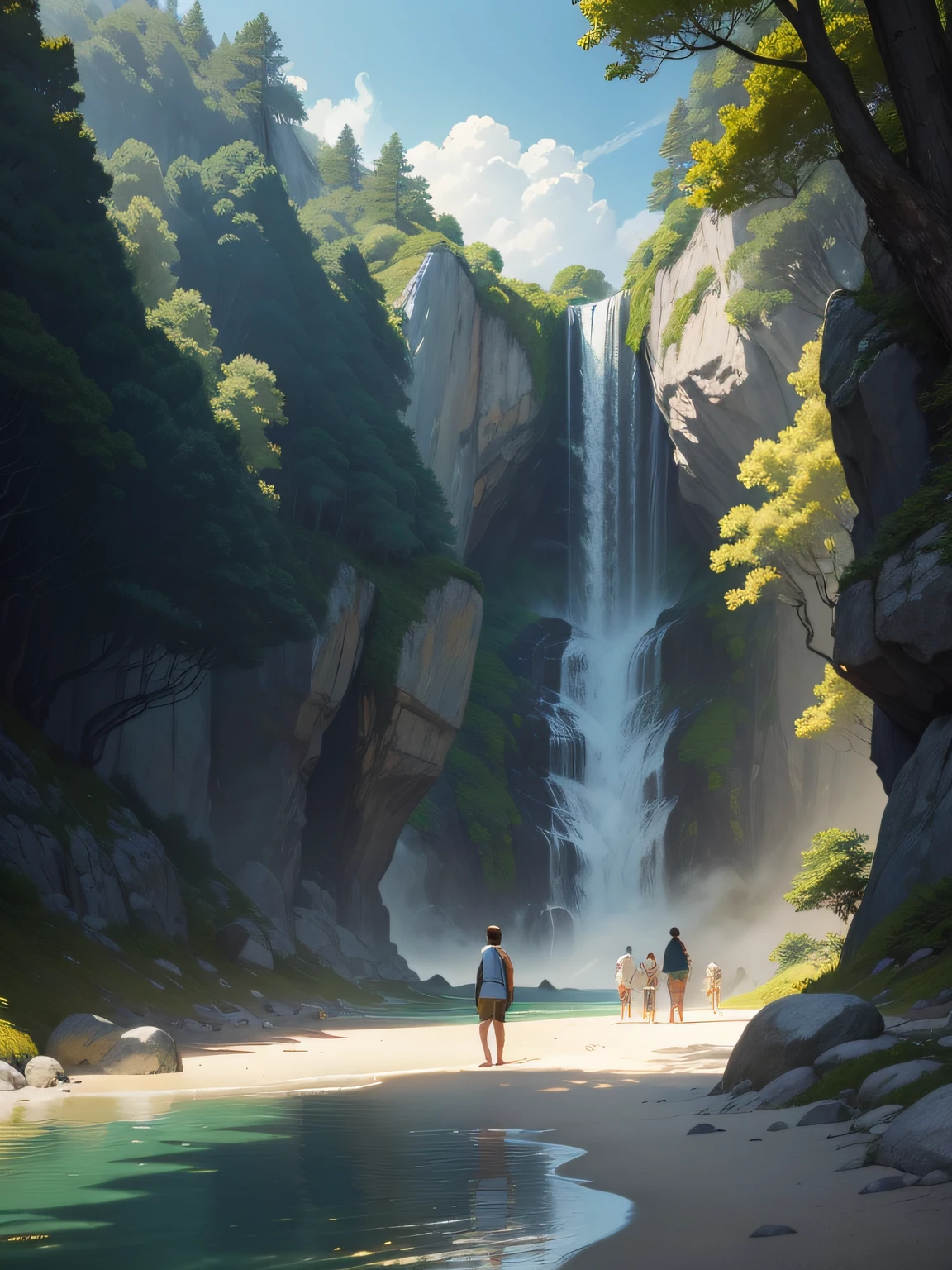 The atmosphere of early summer is getting stronger and stronger, people begin to avoid the hot sun, go to lakes, seashores and other places to cool down, everywhere is filled with fresh air and green landscapes, grainy matte paintings, film graininess, landscape illustrations, Studio Ghibli, Miyazaki's brushstrokes, high quality, realistic, ray tracing, cinematic lighting effects