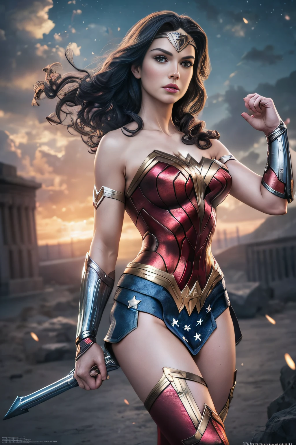 wearing wonder_woman_cosplay_outfit, in front of a sky, good hand,4k, high-res, masterpiece, best quality, head:1.3,((Hasselblad photography)), finely detailed skin, sharp focus, (cinematic lighting), night, soft lighting, dynamic angle, [:(detailed face:1.2):0.2], medium breasts, outside,