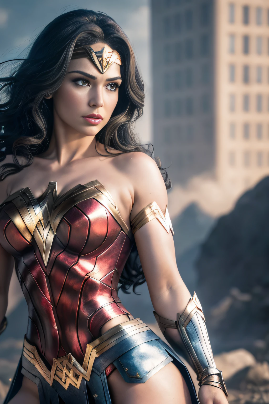 wearing wonder_woman_cosplay_outfit, in front of a sky, good hand,4k, high-res, masterpiece, best quality, head:1.3,((Hasselblad photography)), finely detailed skin, sharp focus, (cinematic lighting), night, soft lighting, dynamic angle, [:(detailed face:1.2):0.2], medium breasts, outside,