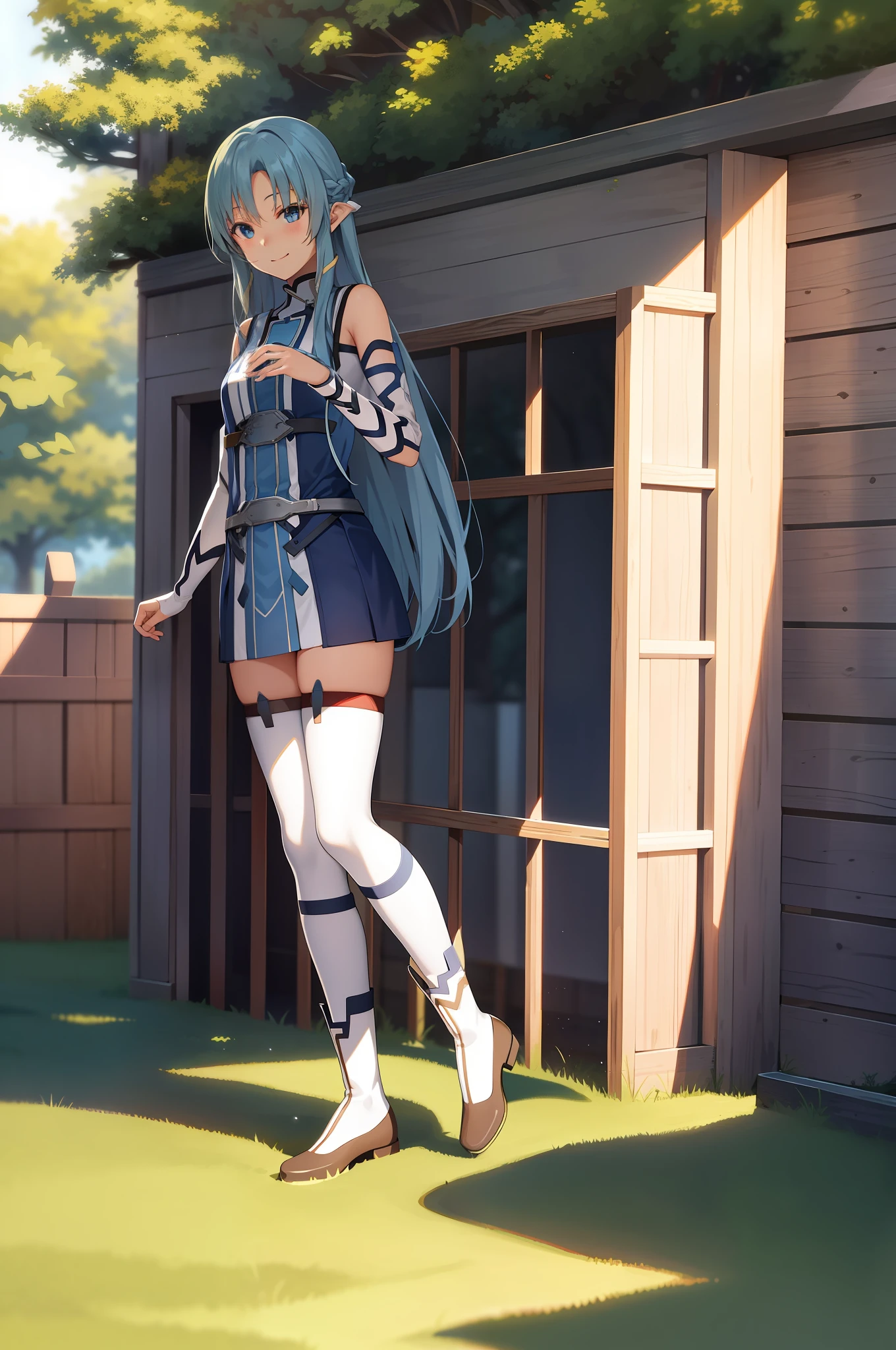 Asuna, asuna_\(sao\), 1girl, (sexy pose:1.4), highres, original, realistic, scenery, close_up, upper_body, smiling, solo, long hair, looking at viewer, smile, bangs ,detailed eyes, beautiful background, hands on the chest, blue hair, blue eyes, very long hair, standing, (full body:1.5), at the forest, infront tee, at the beutiful forest, at the river, white hightight, white stocking,