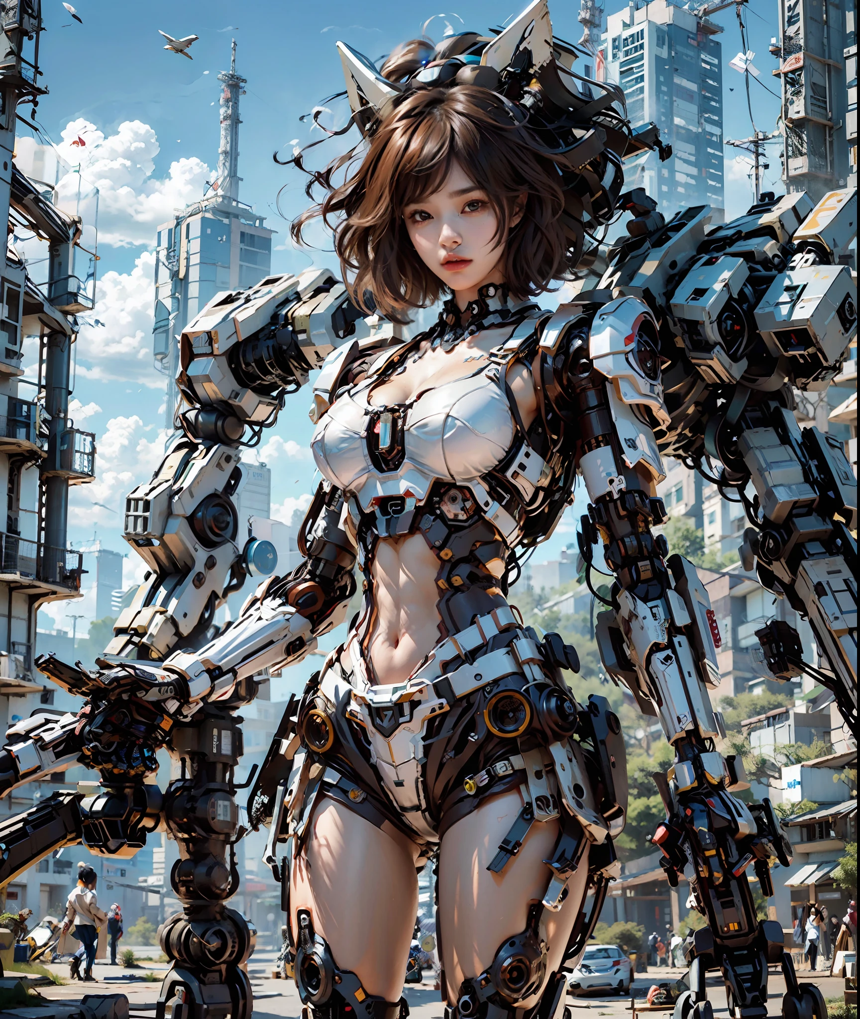((masterpiece, best quality)),illustration,ultra detailed 8k,photorealistic,sharp focus,highly detailed,professional lighting,colorful details,iridescent colors BREAK extreme long shot of a factory,large mechanical robot construction,microchip,computer,glowing,intricate details,shitu-mecha,1girl is standing in front of the audience,Navel