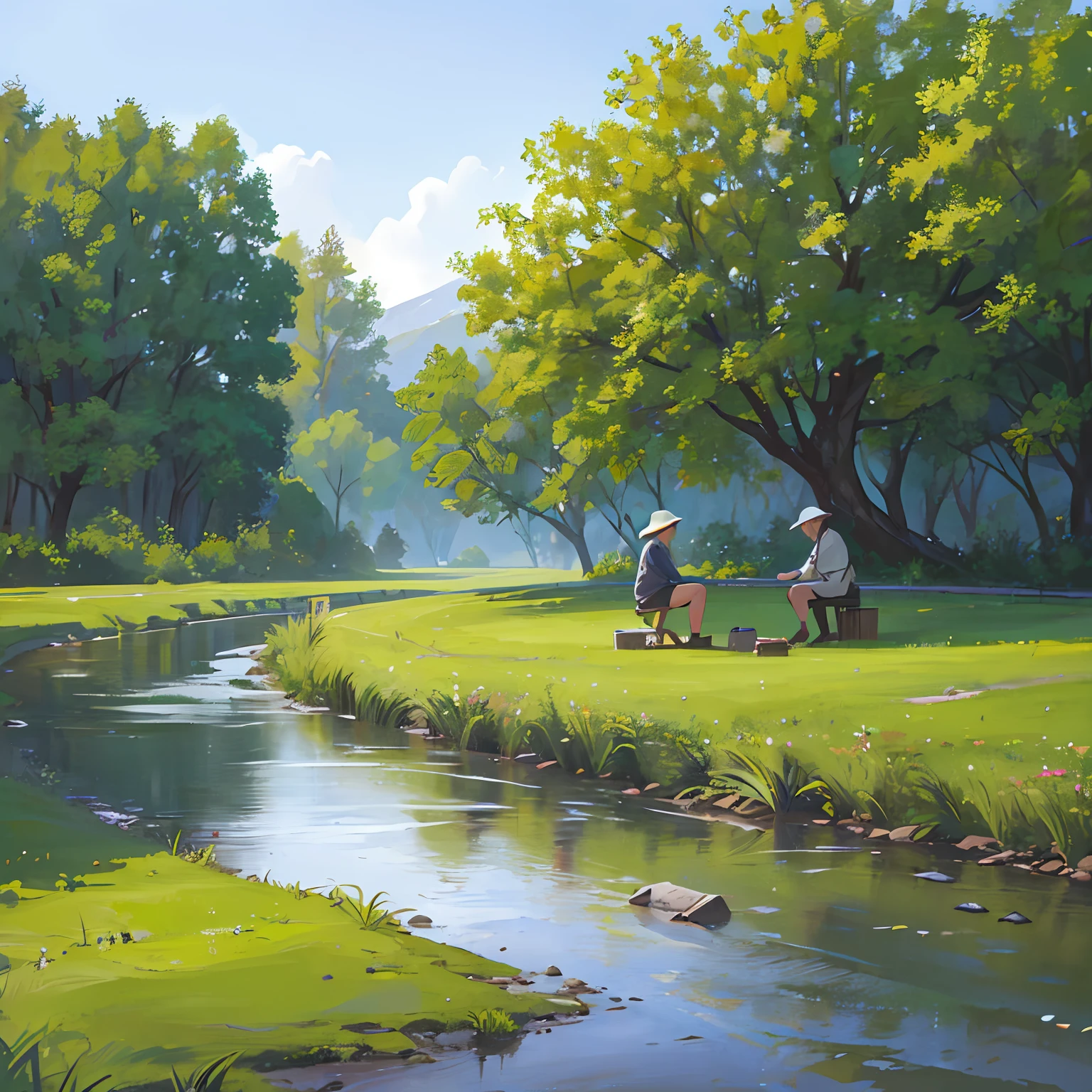 In a quiet countryside, people work in the fields or rest leisurely under trees. Walking along the stream, listening to the sound of the clear stream, and looking at the green grass make people feel happy.