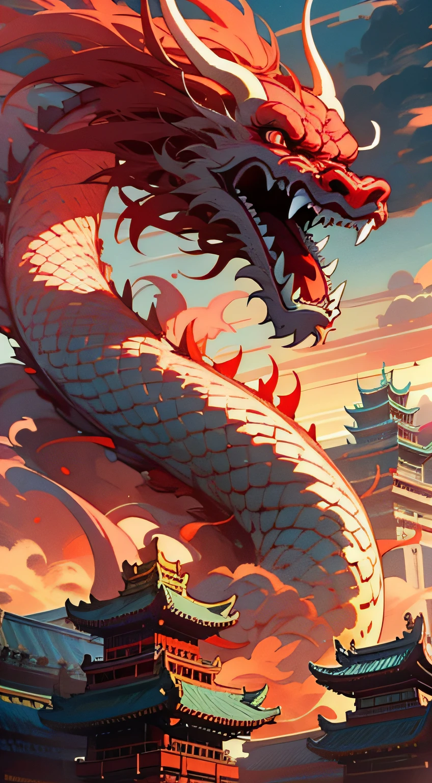 Best quality,masterpiece,ultra high res,nu no humans, (long:1.2),east asian architecture, architecture, cloud, open mouth, cloudy sky, red eyes, sky, teeth, fangs, outdoors, building, scales, eastern dragon, sharp teeth, glowing, horns, flying.