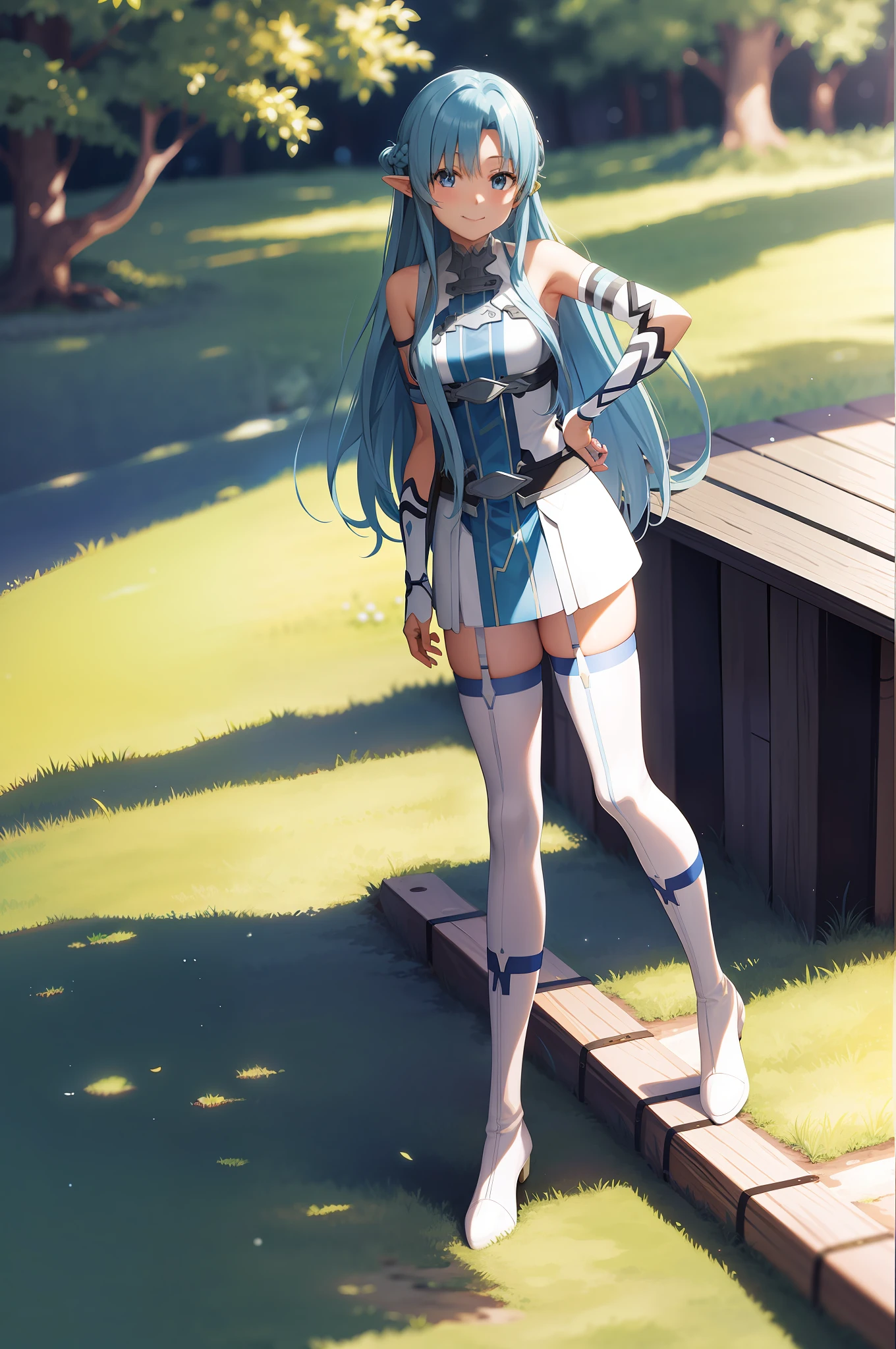 Asuna, asuna_\(sao\), 1girl, (sexy pose:1.4), highres,  original, realistic,  scenery,  close_up, upper_body,  smiling, solo, long hair, looking at viewer, smile, bangs ,detailed eyes, beautiful background, hands on the chest, blue hair, blue eyes, very long hair, standing, (full body:1.5), at the forest, infront tee, at the beutiful forest, at the river, white hightight, white stocking, garter straps,