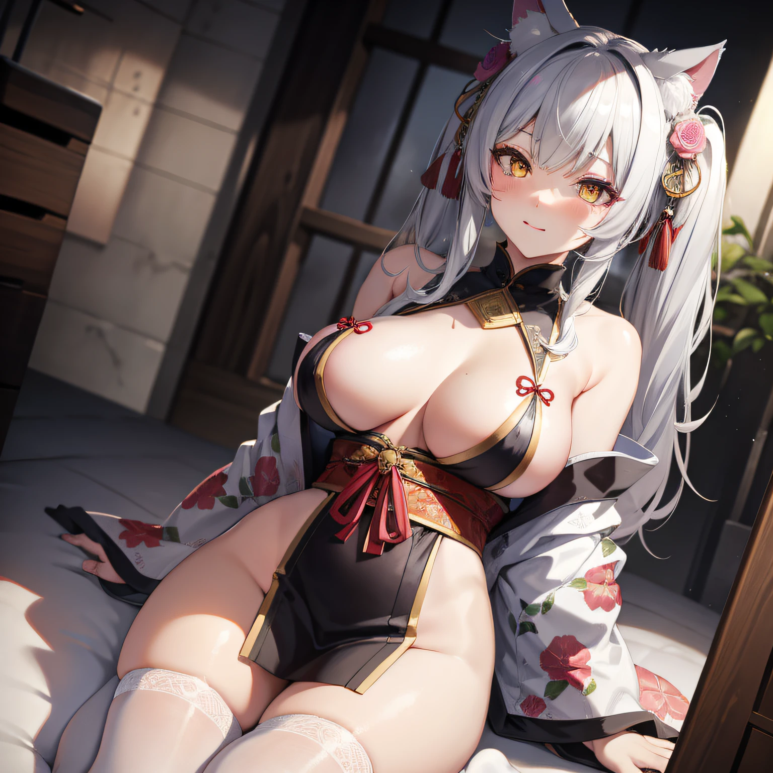 masterpiece, high resolution, high quality, NSFW, shirtless, white kimono, big breasts, cat ears, floral pattern, yellow eyes, gray hair, twin tails,