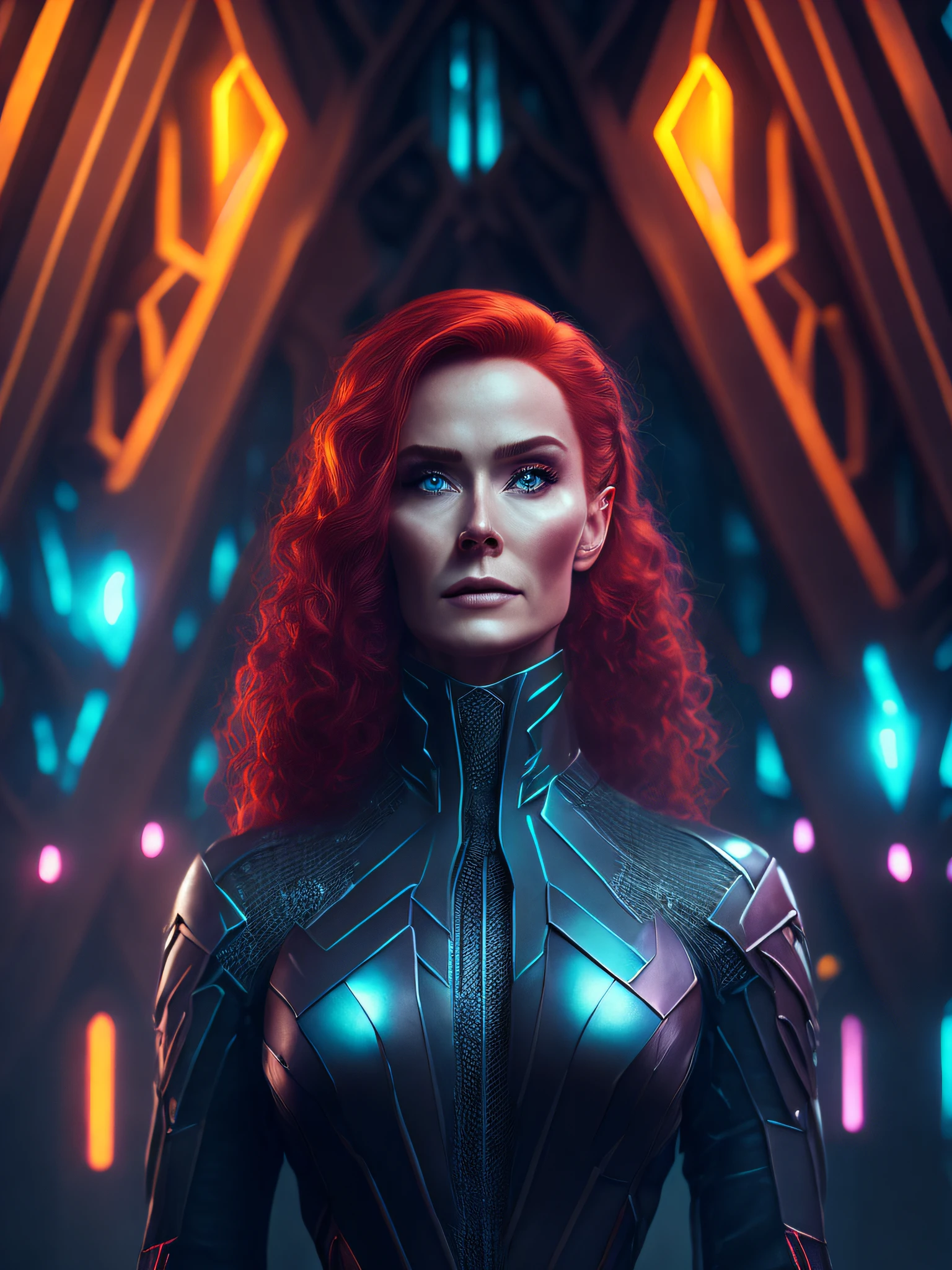 somber portrait of Jean Grey from Marvel with intricate angular cybernetic implants inside a brutalist building, gothic brutalist cathedral, cyberpunk, award-winning photo, bokeh, neon lights, cybernetic limb