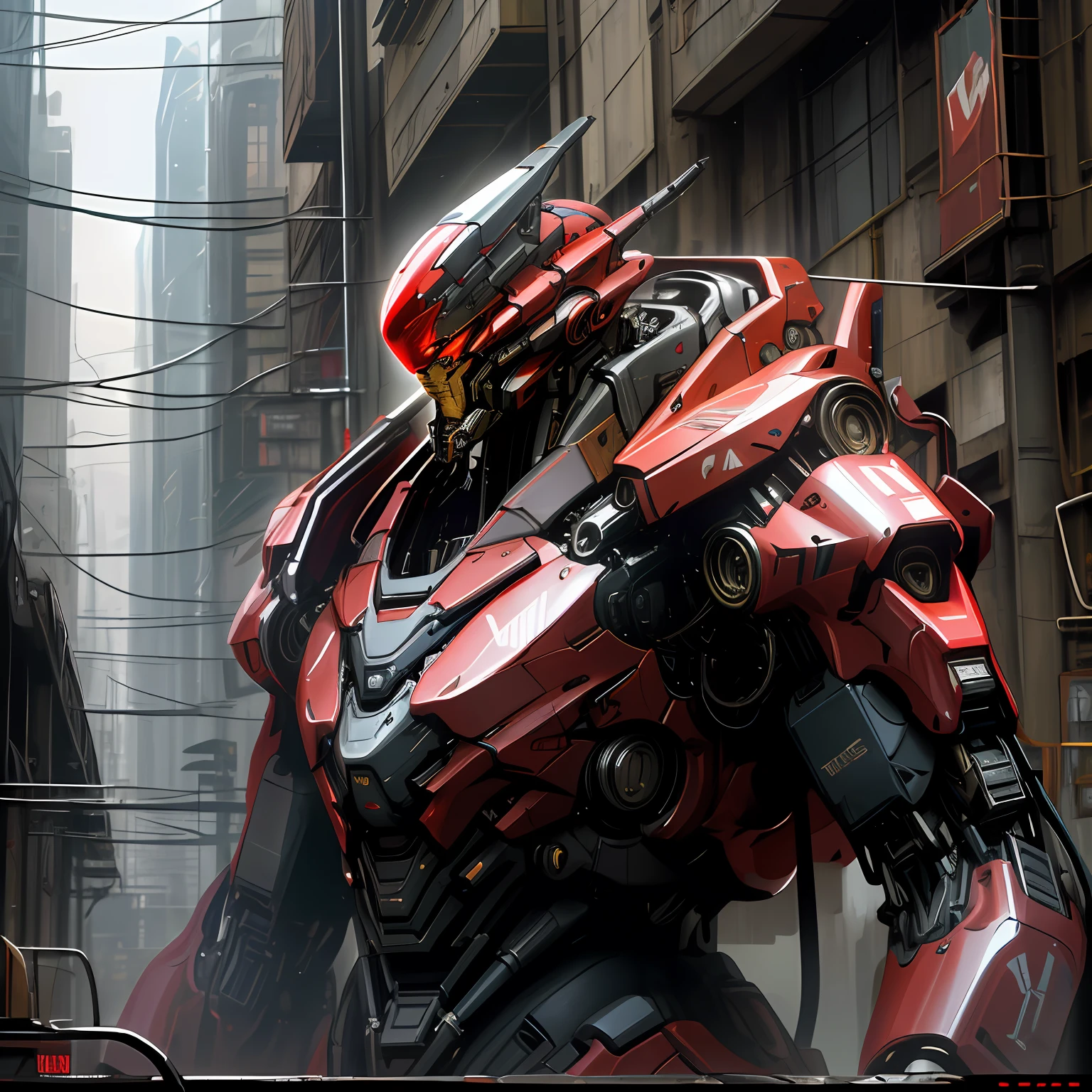 Dark_Fantasy, cyberpunk, (best quality, masterpiece), red, 1 man, mechanical marvel, robot presence, cybernetics guardian, wearing cybernetic jacket, city, highest quality digital art, stunning art, wallpaper 4k, highly detailed, military robot, army, war zone, black and white, highest quality digital art, stunning art, wallpaper 4k, 8k, 64k, hd, unparalleled masterpiece, dynamic lighting, movie, epic, damaged mechanical parts, Broken background