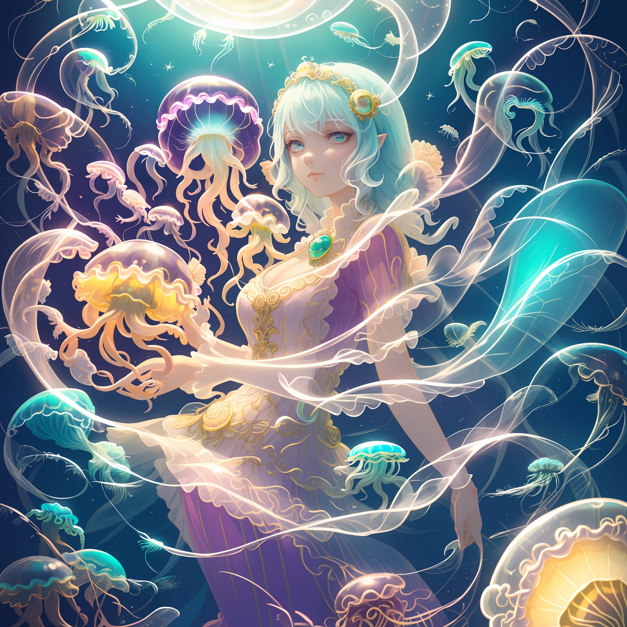 skindentation, 8k, portrait, (beautiful) lady, intricate, elegant, highly detailed, (jellyfish girl, monster girl), greg rutkowski, sexy, (bokeh), deep eyes, (limited pallet: pastel colors), vivid colors, in water, [plump], smug, aroused, seductive, ethereal, (moonlight), kawaii-colors, brilliant eyes,