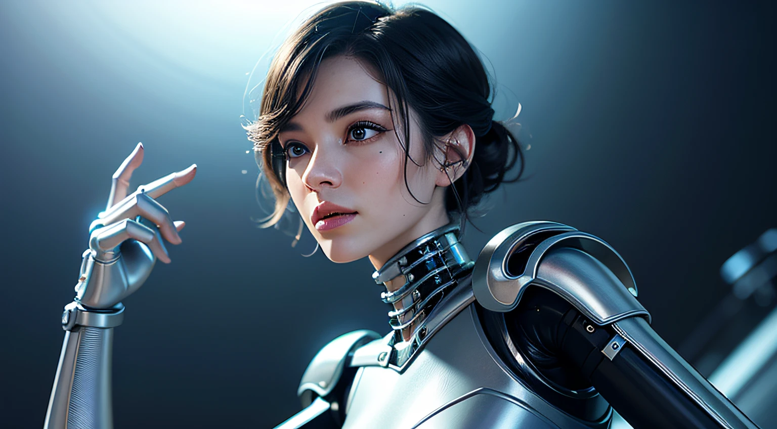 complex 3d render ultra detailed of a porcelain woman cyborg, 1girl, (natural skin texture, realistic eye details:1.2), robotic parts, beautiful soft light, rim light, vibrant details, luxurious cyberpunk, hyperrealistic, anatomical, facial muscles, cable electric wires, microchip, elegant, beautiful background, octane render, APPLE style, 8k, best quality, masterpiece, illustration, extremely delicate and beautiful, CG, unity, wallpaper, (realistic, photo-realistic:1.2), Amazing, finely detail, masterpiece, best quality, official art, extremely detailed CG unity 8k wallpaper, incredibly absurdres, sexy robot, mechanical skeleton, android, surrealism, doomsday wasteland, (high-tech prosthetics:1.2), fluffy black short hair, perfect body, Navy blue glowing cyber vessel