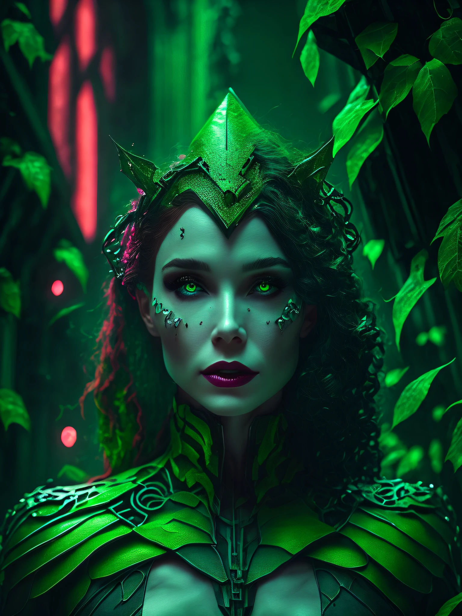 somber portrait of Poison Ivy from DC with intricate angular cybernetic implants inside a brutalist building, gothic brutalist cathedral, cyberpunk, award-winning photo, bokeh, neon lights, cybernetic limb