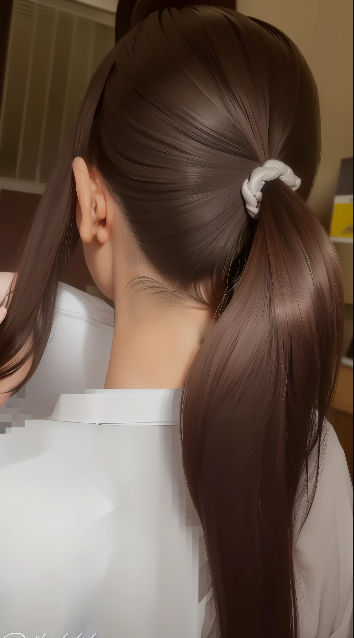 there is a woman with a ponytail and a white shirt, brown hair in a ponytail, long black hair in a ponytail, ponytail black hair, waist reaching ponytail, long ponytail, hair ponytail, long sleek tail behind, brown neat hair, thin lustrous hair, ponytail hair, black ponytail hair, brown medium hair, hair tied in a ponytail, twintails hairstyle