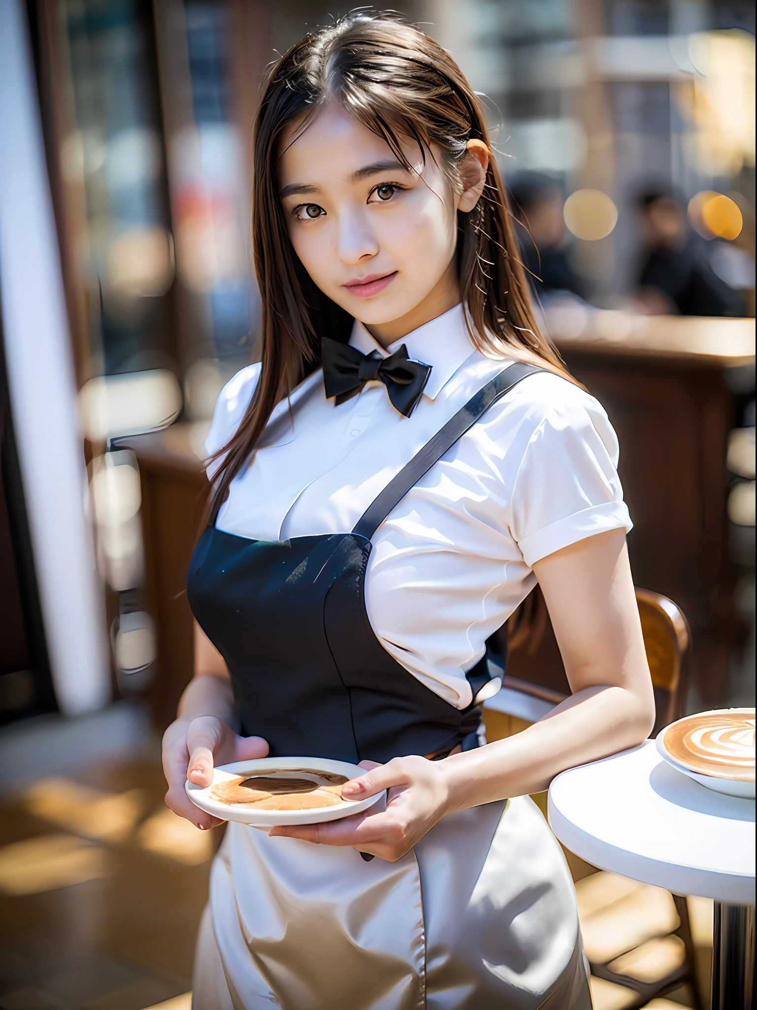 Highly detailed full body dark green apron, black bow tie, (((extreme close-up)), (pale), 18 year old perfect face girl, big breasts, girl alone, solo, (detailed face), (perfect detailed eyes: 1.1), (very detailed skin: 1.1), sliver necklace, slim, skinny, thin, skinny, skinny, handsome, waiter, perfect athletic body, white shirt, Model Shoot Style, Professional Photo, Photorealistic, Cinematic, Realistic, Sunset, Cafe Background, Real Human Skin, (Detailed Skin Pore), Highly Detailed Eyes, Detailed Skin, Skin Texture, Intricately Detailed, Fine Detail, Raw, Analog, Sharp Focus, Raw, 8K UHD, High Resolution, DSLR, High Quality, Fujifilm XT3, Award-Winning, Masterpiece, Cafe, cappuccino, landscape making latte art, (high definition skin: 1.4), (RAW photo, highest quality), (realistic, photorealistic: 1.7), smile, cute pose, heart with both hands, --s2
