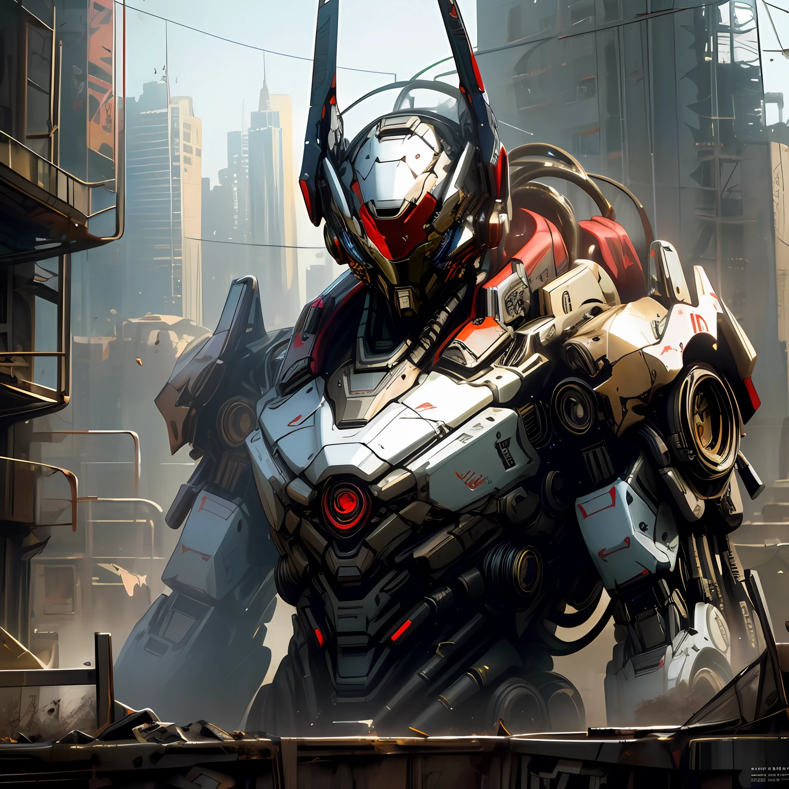 Dark_Fantasy, Cyberpunk, (Best Quality, Masterpiece), Red, 1 person, eyes staring straight ahead, broken background picture highlighting the protagonist, mechanical marvel, robot presence, cybernetics guardian, wearing cybernetic jacket, city, highest quality digital art, stunning art, wallpaper 4k, highly detailed, military robot, army, war zone, black and white, highest quality digital art, stunning art, wallpaper 4k, 8k, 64k, hd, unparalleled masterpiece , dynamic lighting, movies, epics, damaged mechanical parts