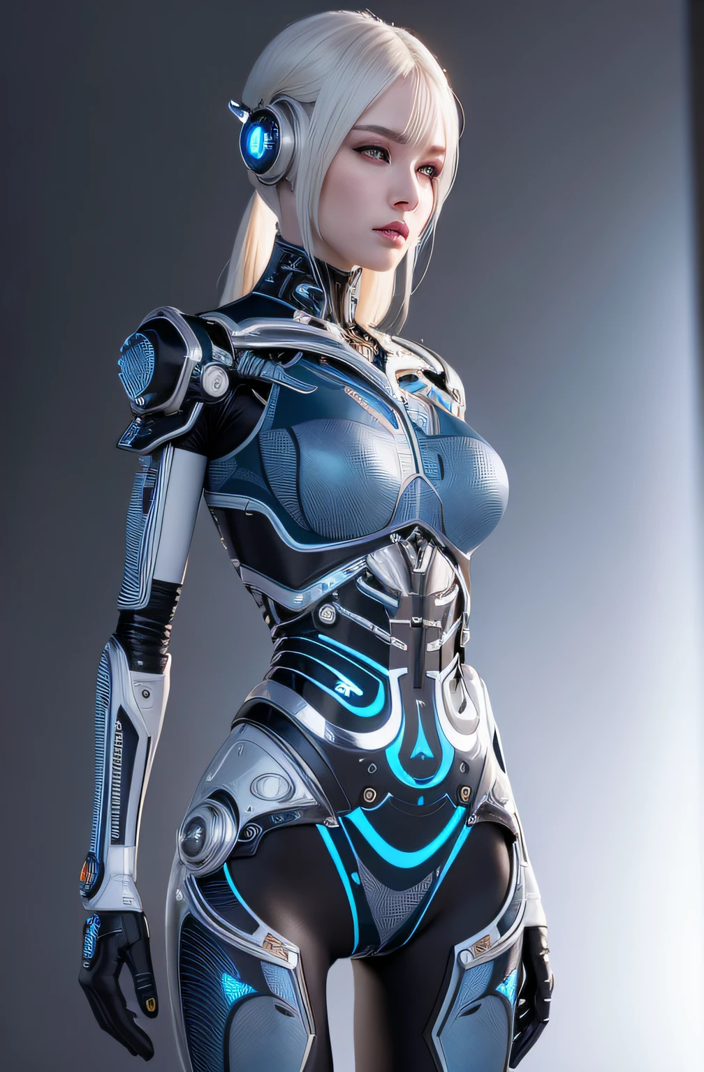 complex 3d render ultra detailed of a beautiful porcelain profile woman android face, cyborg, robotic parts,120 mm, beautiful studio soft light, rim light, vibrant details, luxurious cyberpunk, lace:1.1,hyperrealistic, anatomical, facial muscles, cable electric wires, microchip, elegant, beautiful background, octane render, H. R. Giger style, 8k, best quality, masterpiece, illustration, an extremely delicate and beautiful, extremely detailed,CG,wallpaper, (realistic, photo-realistic:1.5),Amazing, finely detail, masterpiece,best quality,official art, extremely detailed CG unity 8k wallpaper, absurdres, incredibly absurdres, robot, silver halmet, full body,Standing posture