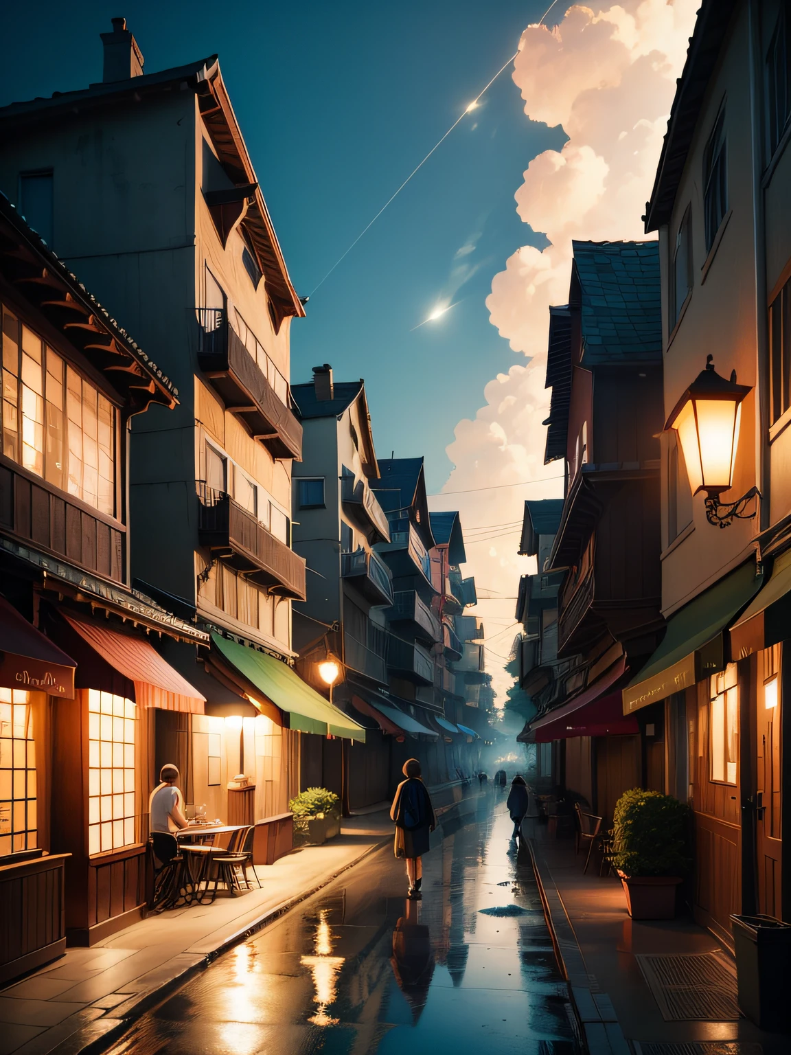 Summer has arrived, people in outdoor scenes begin to enjoy the fun of summer, go out for a walk at night, eat ice cream, etc. to cool off, try to avoid going out during the day, grainy matte painting, film graininess, landscape illustration, Studio Ghibli, Hayao Miyazaki's brushstrokes, high quality, realistic, ray tracing, cinematic lighting effects