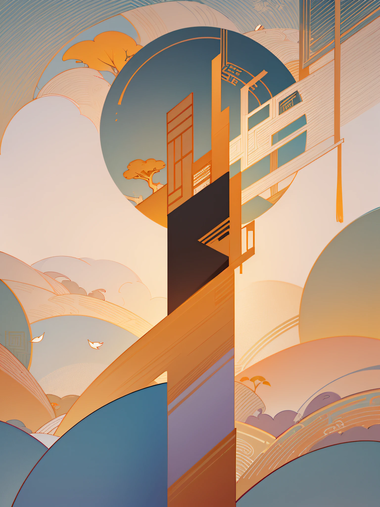 (Chinese landscape), (Zen, Amy Sol style), (Autumn, autumn leaves, fallen leaves, sunset, architecture), cover art with light abstraction, abstract, simple vector art, contemporary Chinese art, color gradients, soft color palettes, layered forms, whimsical animation, style Ethereal abstract, 4K, --v6