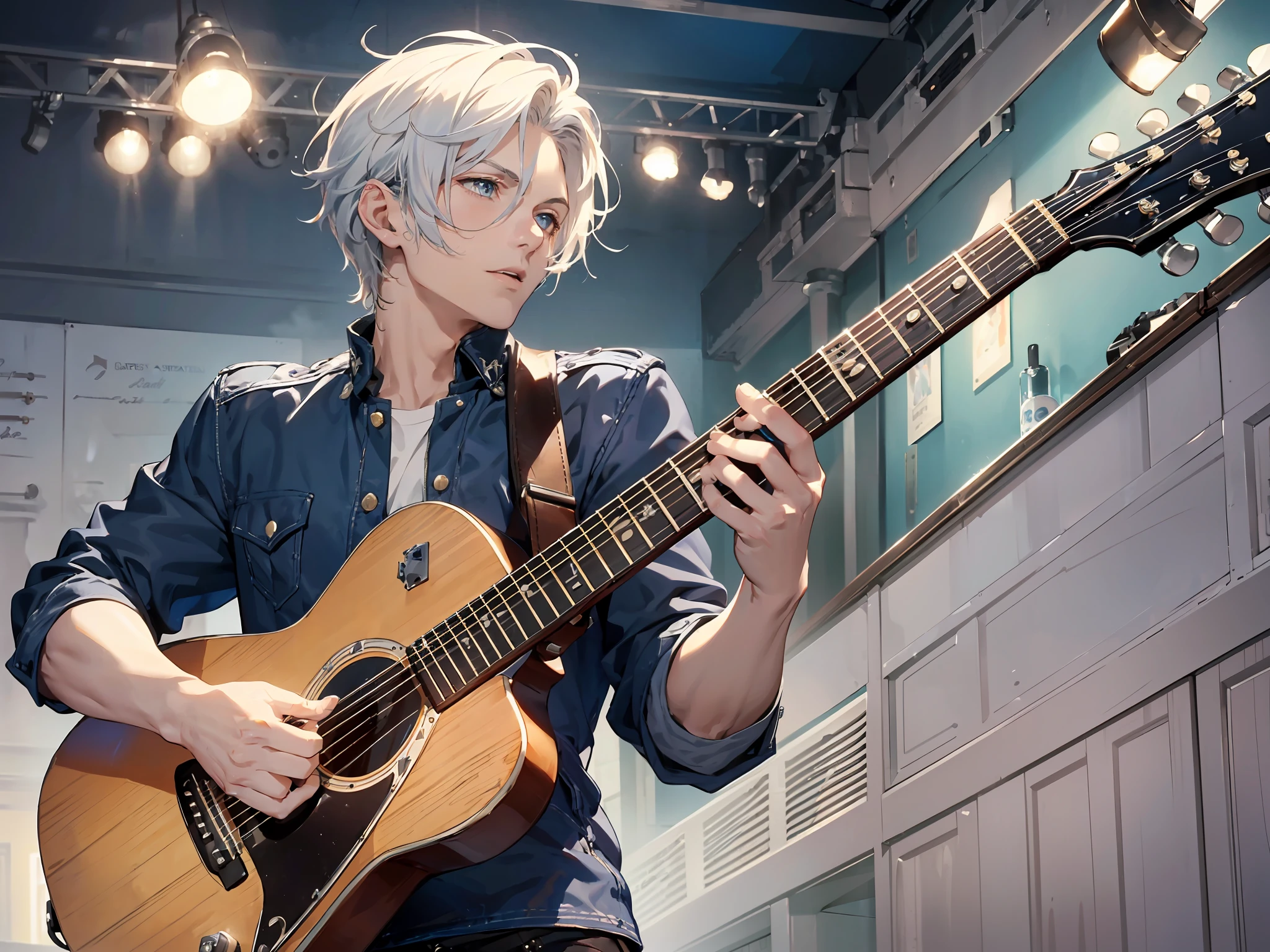 Pop singer, handsome man, short white hair, blue eyes, (guitar in hand: 0.3), (passionate singing: 1.2), concert, (masterpiece: 1.2), best quality, masterpiece, high resolution, original, extremely detailed wallpaper, perfect lighting, (very detailed CG: 1.2),