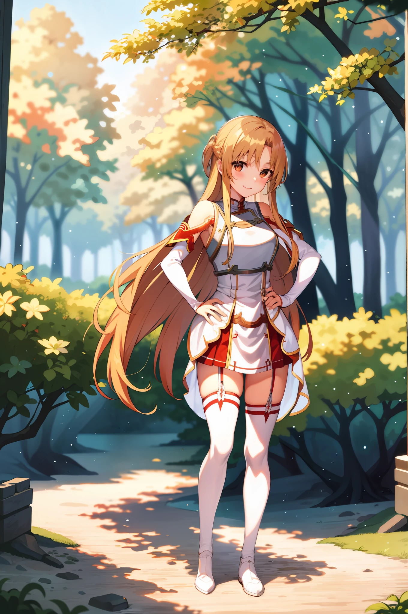 Asuna, asuna_\(sao\), 1girl, (sexy pose:1.4), highres,  original, realistic,  scenery,  close_up, upper_body,  smiling, solo, long hair, looking at viewer, smile, bangs ,detailed eyes, beautiful background, hands on the chest, blonde hair, brown eyes, very long hair, standing, (full body:1.5), at the forest, infront tee, at the beutiful forest, at the river, white hightight, white stocking, garter straps, white and red clothes, white and red armor,