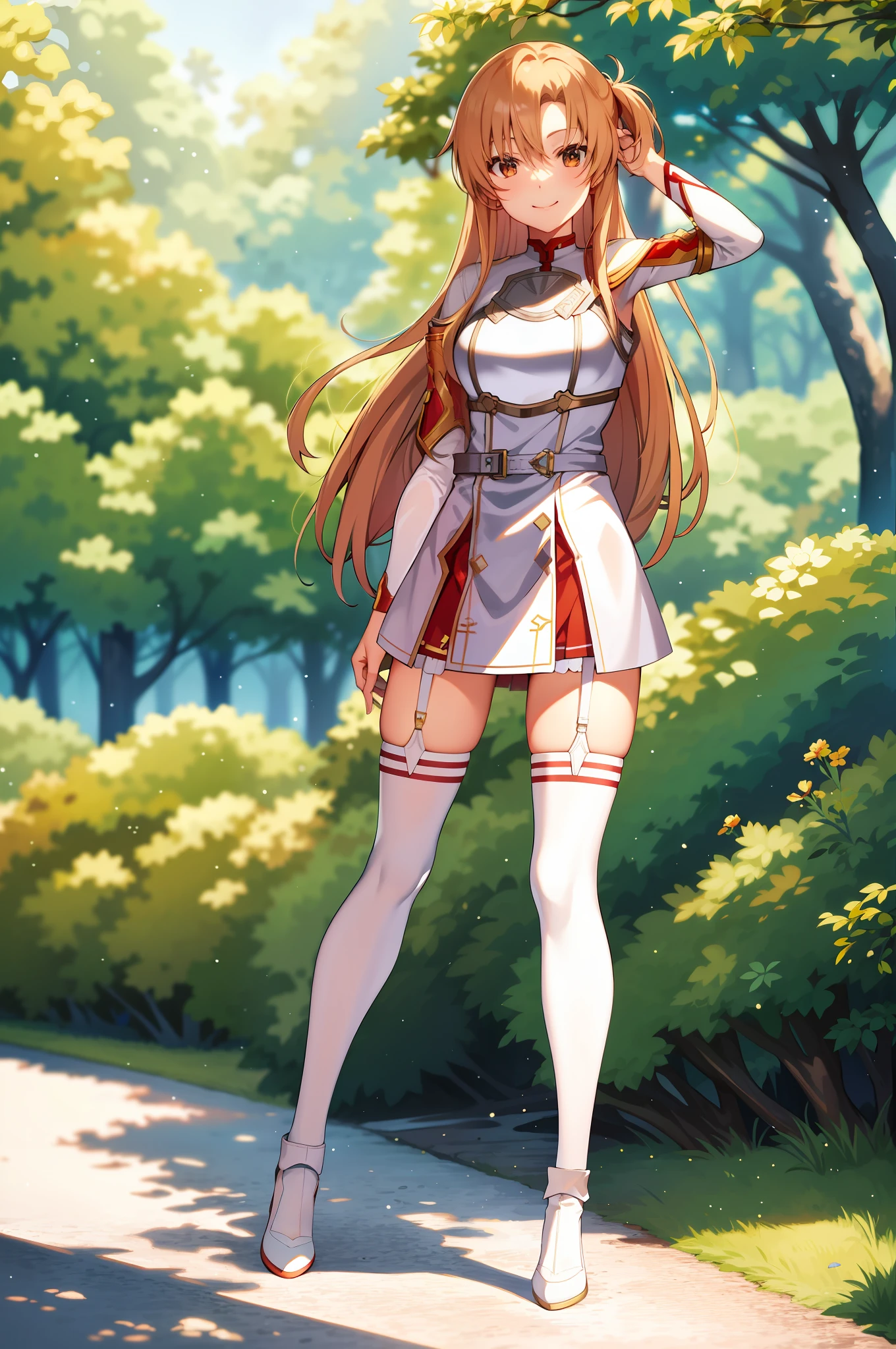 Asuna, asuna_\(sao\), 1girl, (sexy pose:1.4), highres,  original, realistic,  scenery,  close_up, upper_body,  smiling, solo, long hair, looking at viewer, smile, bangs ,detailed eyes, beautiful background, hands on the chest, blonde hair, brown eyes, very long hair, standing, (full body:1.5), at the forest, infront tee, at the beutiful forest, at the river, white hightight, white stocking, garter straps, white and red clothes, white and red armor,