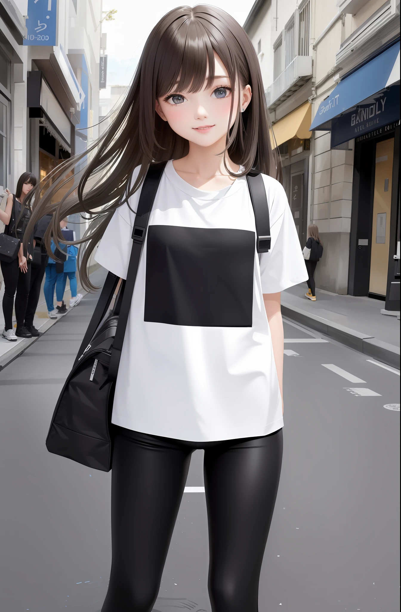 (Best Quality, Masterpiece: 1.1), (Realisticity: 1.4), 1girl, Leggings, T-shirt, Modern Style, Deep View, Large Aperture, Long Hair, Healing Smile, Street Photography