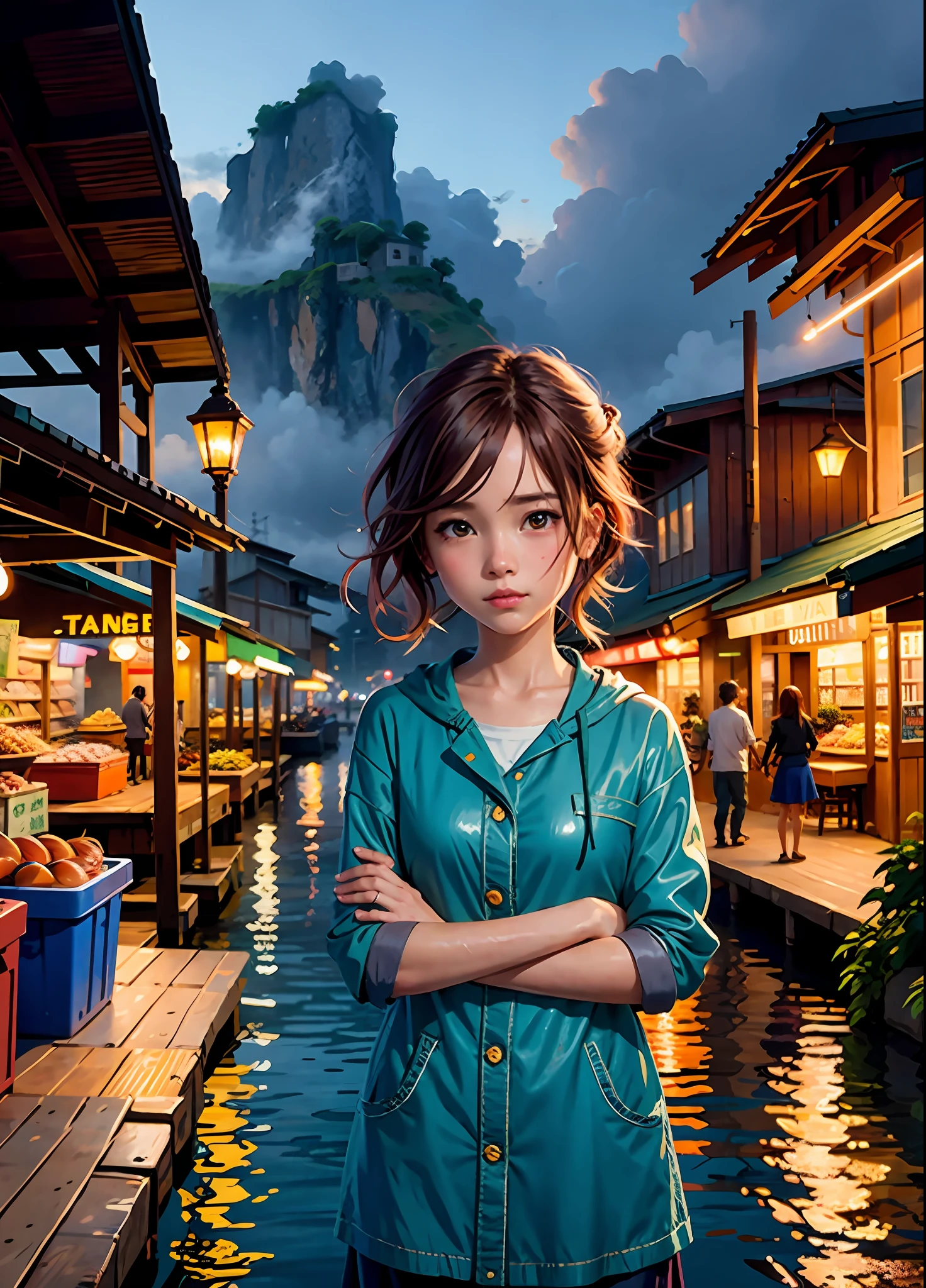 1girl, Post-Impressionism,  anime key visual,  landscape of a Wet Stupid Fish market  and biophilic Tanzanian Bridge, at Twilight, Sketch, hair light, hearthstone artwork, cinematic, unreal engine