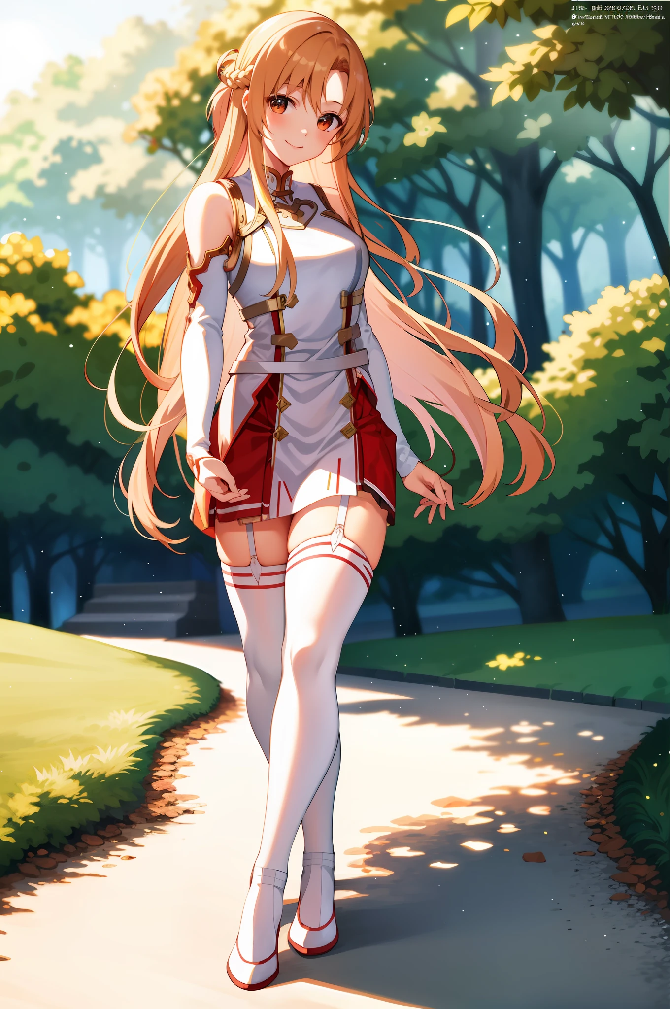 Asuna, asuna_\(sao\), 1girl, (sexy pose:1.4), highres, original, realistic, scenery, close_up, upper_body, smiling, solo, long hair, looking at viewer, smile, bangs ,detailed eyes, beautiful background, hands on the chest, blonde hair, brown eyes, very long hair, standing, (full body:1.5), at the forest, infront tee, at the beutiful forest, at the river, white hightight, white stocking, garter straps, white and red clothes, white and red armor,