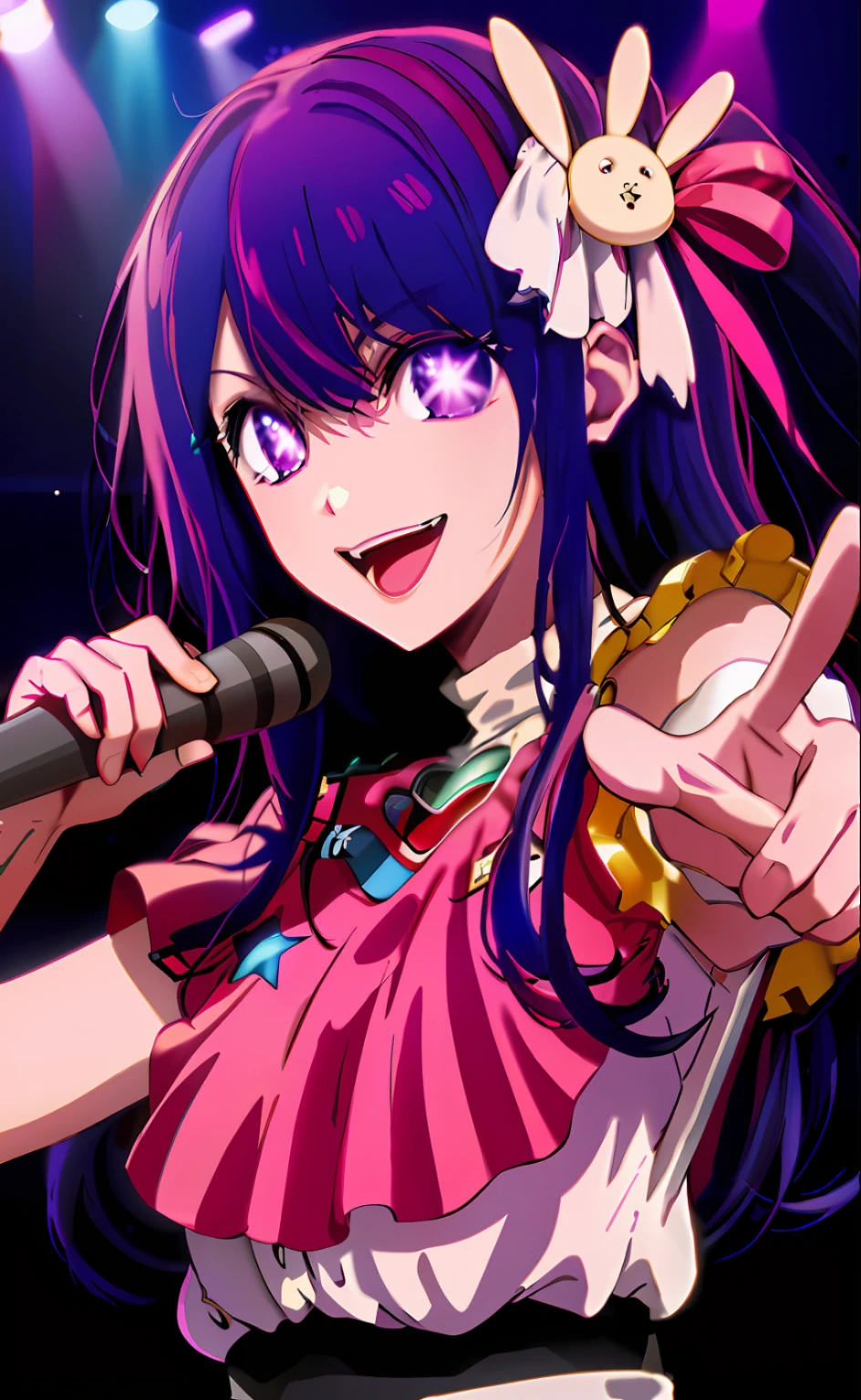 (Top Quality: 1.4, Masterpiece, 8k, Very Detailed), Ai Hoshino, Long Hair, Purple Hair, Striped Hair, Purple Eyes, Star-shaped Pupils, Hair Ornaments, On Stage, Smile, (Pointing to the Right Hand Camera))), (Close One Eye), Holding a microphone in Left Hand, Close Up Shot, Highly Detailed Eyes, Glowing Eyes, Top Quality Digital Art, Very Smooth Anime CG Art, Wallpaper 8k