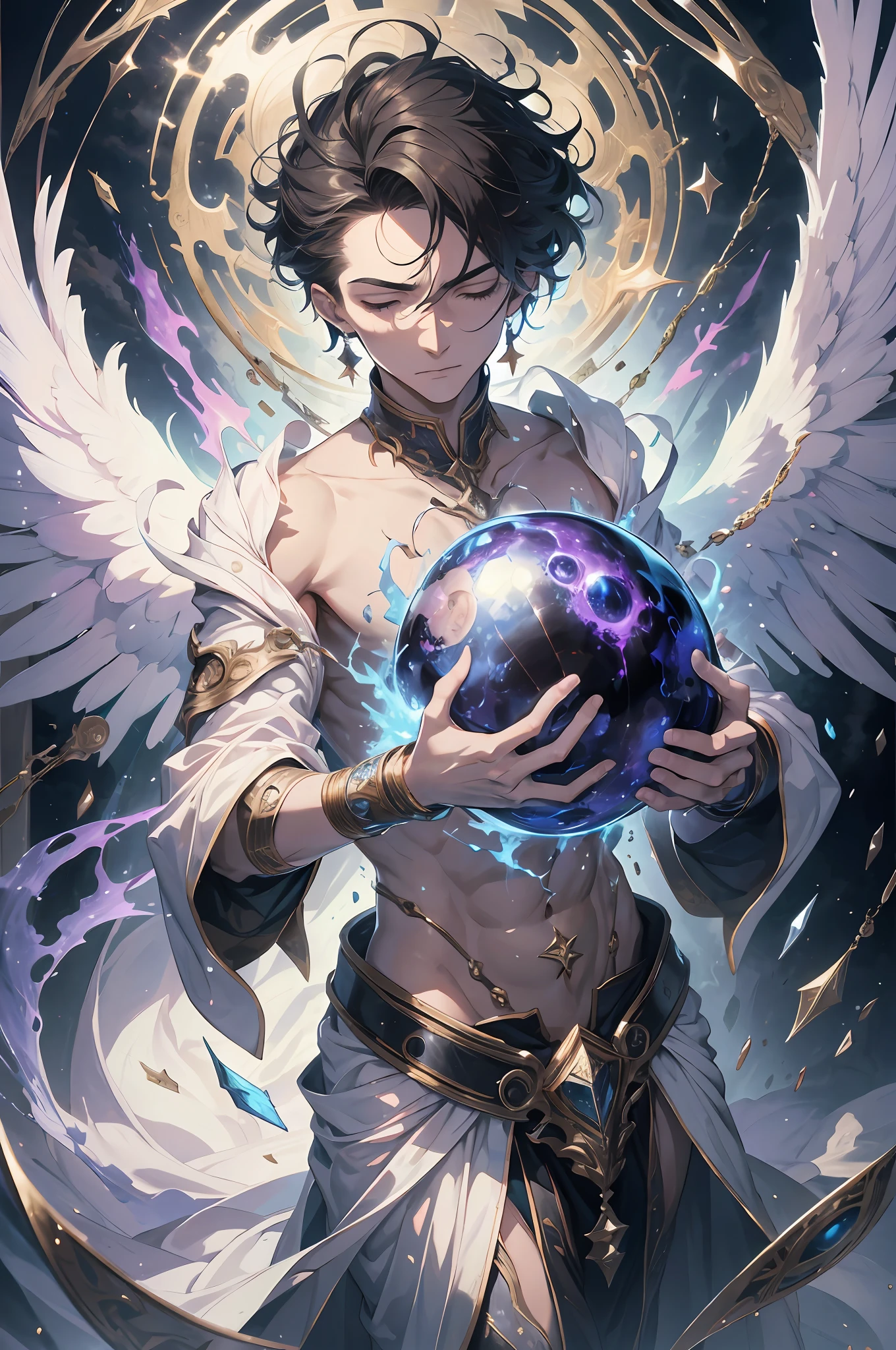 (absurdres, highres, ultra detailed, HDR), masterpiece, best quality, a boy hugging a ball, giant ball, solo, closed eye, handsome, white robe, angel wing, archangel, earring and accessory, bare chest, arrogant face, full body, magic vortex, spark, swirl, black aura, a dramatic sky, heaven, abstract background, from above, look up,