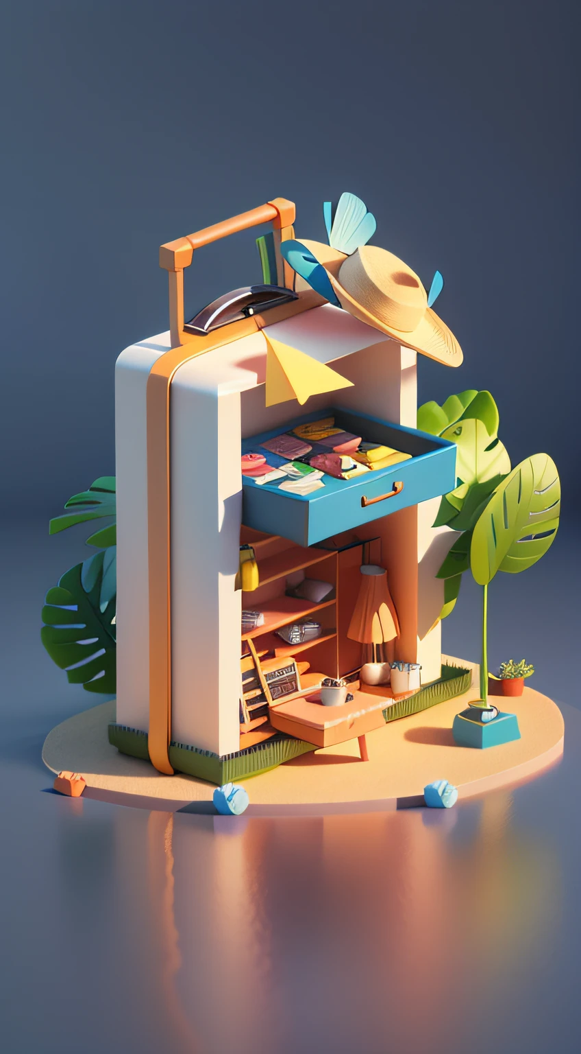 There is a suitcase with a straw hat on top, clouds, leaves, chrysanthemums floating in the air, paper airplanes, (miniature: 1.2), solid color background, 2.5d illustration, 3d rendering, 3d modeling, bubble matt, trend in behans 3d art, trend in behans 3d art, 3d illustration, 3d illustration, 3d illustration, commercial illustration, cinema 4d color rendering, 3d rendering stylized, stylized digital illustration, 3d stylized scene, stylized 3d rendering