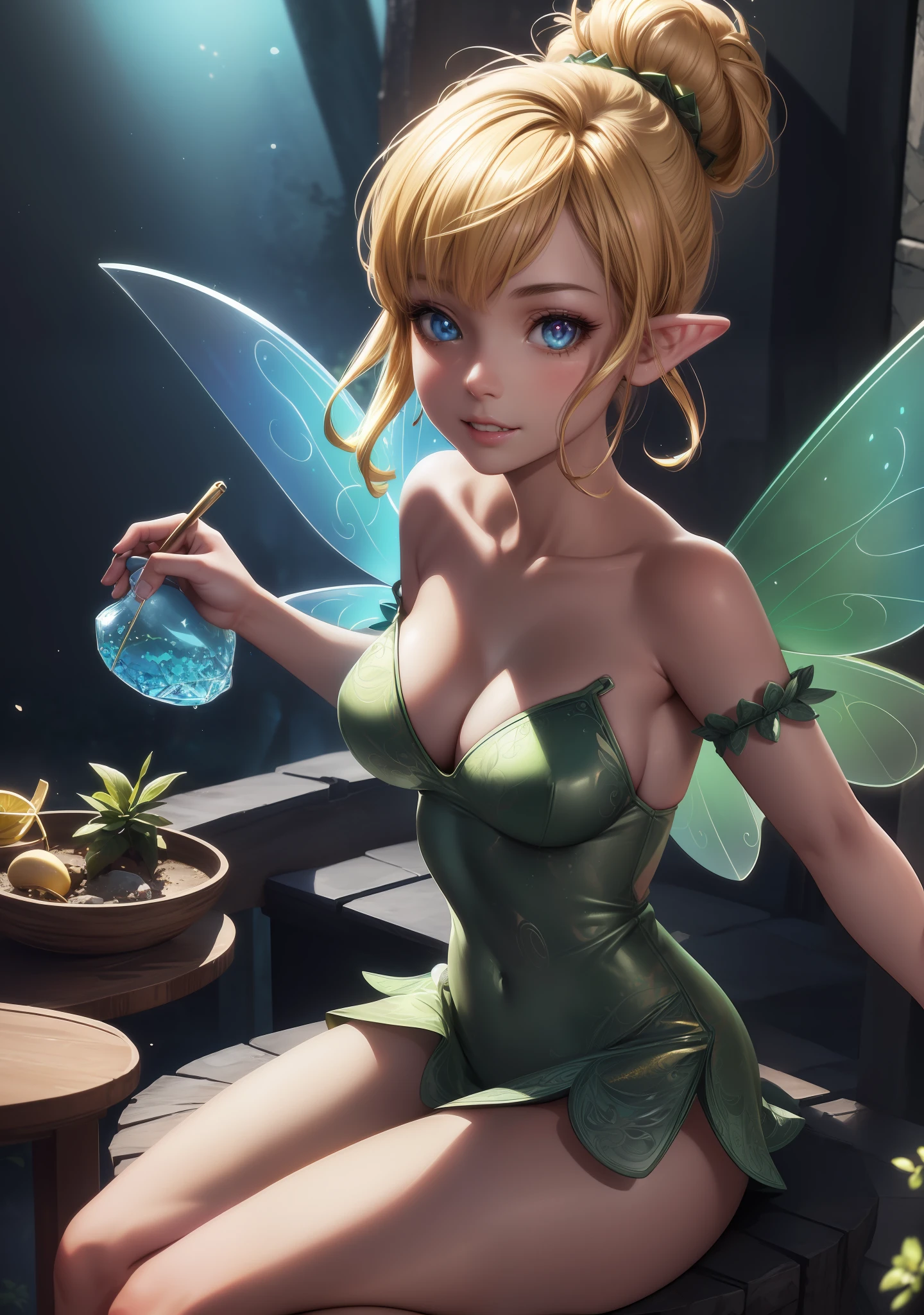 (TinkerWaifu:1), smile, cute, cute pose, looking at viewer, thick thighs, single hair bun, short hair, (strapless green dress:1), (fairy wings), sitting, (breast focus:1.2), from above, 
(realistic:1.2), (realism), (masterpiece:1.2), (best quality), (ultra detailed), (8k, 4k, intricate),(full-body-shot:1),(Cowboy-shot:1.2), (85mm),light particles, lighting, (highly detailed:1.2),(detailed face:1.2), (gradients), sfw, colorful,(detailed eyes:1.2),
(detailed ladscape, inside a glass jar:1.2),(detailed background),detailed landscape, (dynamic angle:1.2), (dynamic pose:1.2), (rule of third_composition:1.3), (Line of action:1.2), wide shot, daylight, solo,
