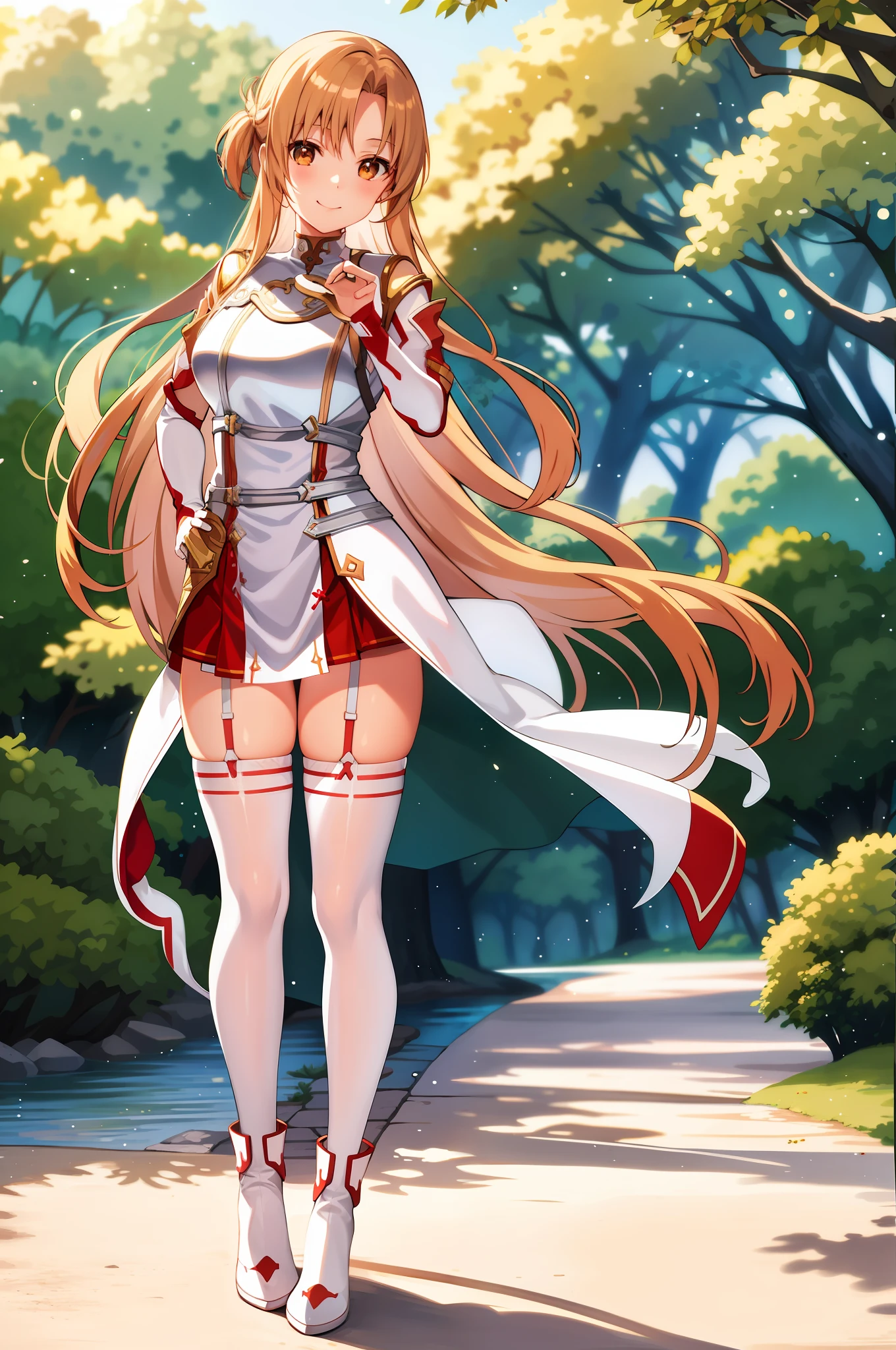 Asuna, asuna_\(sao\), 1girl, (sexy pose:1.4), highres, original, realistic, scenery, close_up, upper_body, smiling, solo, long hair, looking at viewer, smile, bangs ,detailed eyes, beautiful background, hands on the chest, blonde hair, brown eyes, very long hair, standing, (full body:1.5), at the forest, infront tee, at the beutiful forest, at the river, white hightight, white stocking, garter straps, white and red clothes, white and red armor,