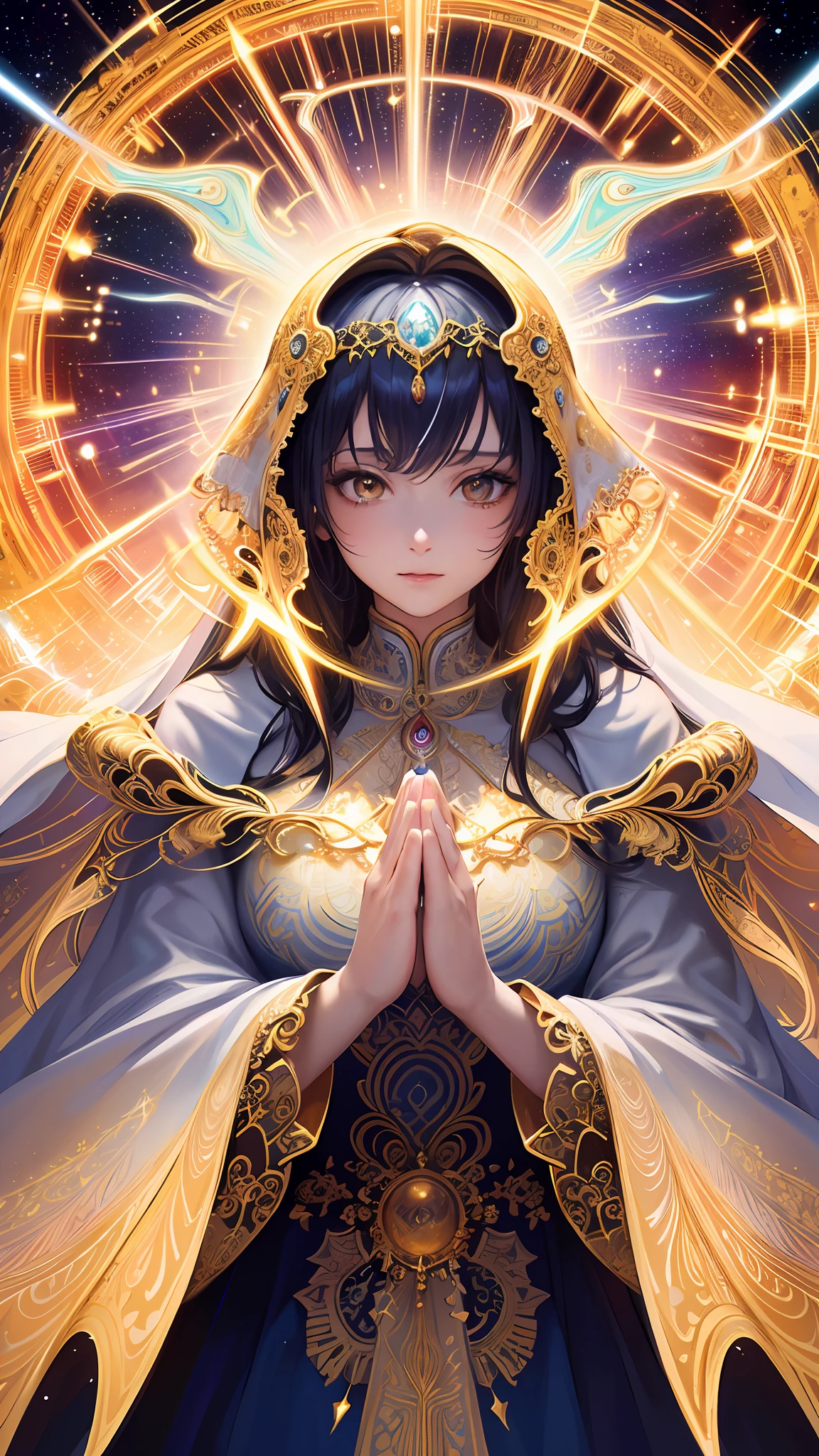 (masterpiece, top quality, best quality, official art, beautiful and aesthetic:1.2), (1girl), extreme detailed, (fractal art:1.3), colorful, highest detailed, perfect face, upper body, HDR, (praying:1.3), (white cloak golden lines:1.2), galaxy, (light streaks), striking visuals, (dynamic streaks, luminous trails:1.2), vibrant colors,