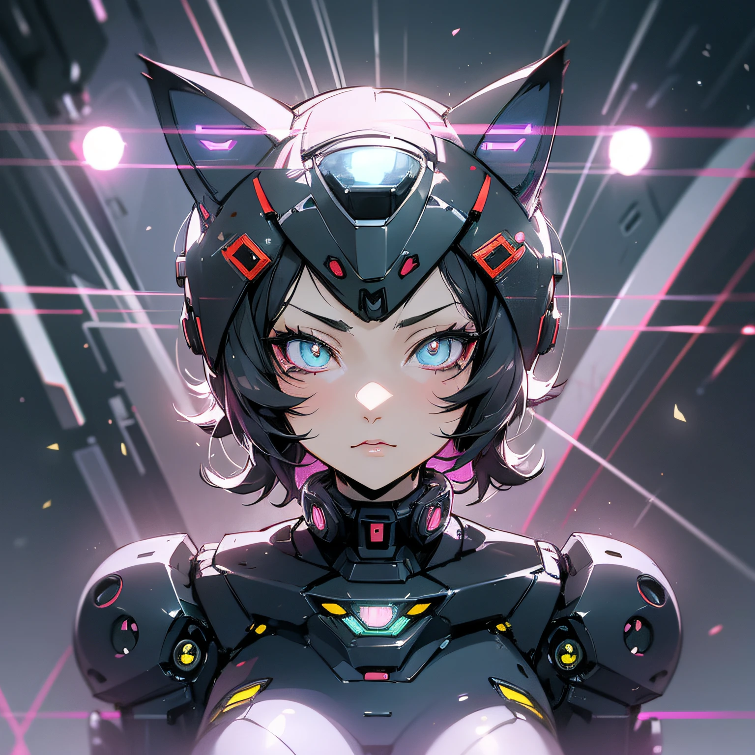 Anime characters with helmet cat ears and glowing eyes, full robot, catwoman, cyborg kitten, cute anime catwoman, anime robot mixed organic, anime catwoman, anime mecha aesthetic, cyberpunk cat, ethereal and mecha theme, full robot, cat, portrait anime space cadet girl, cyborg cat, helmet glowing eyes --auto --s2