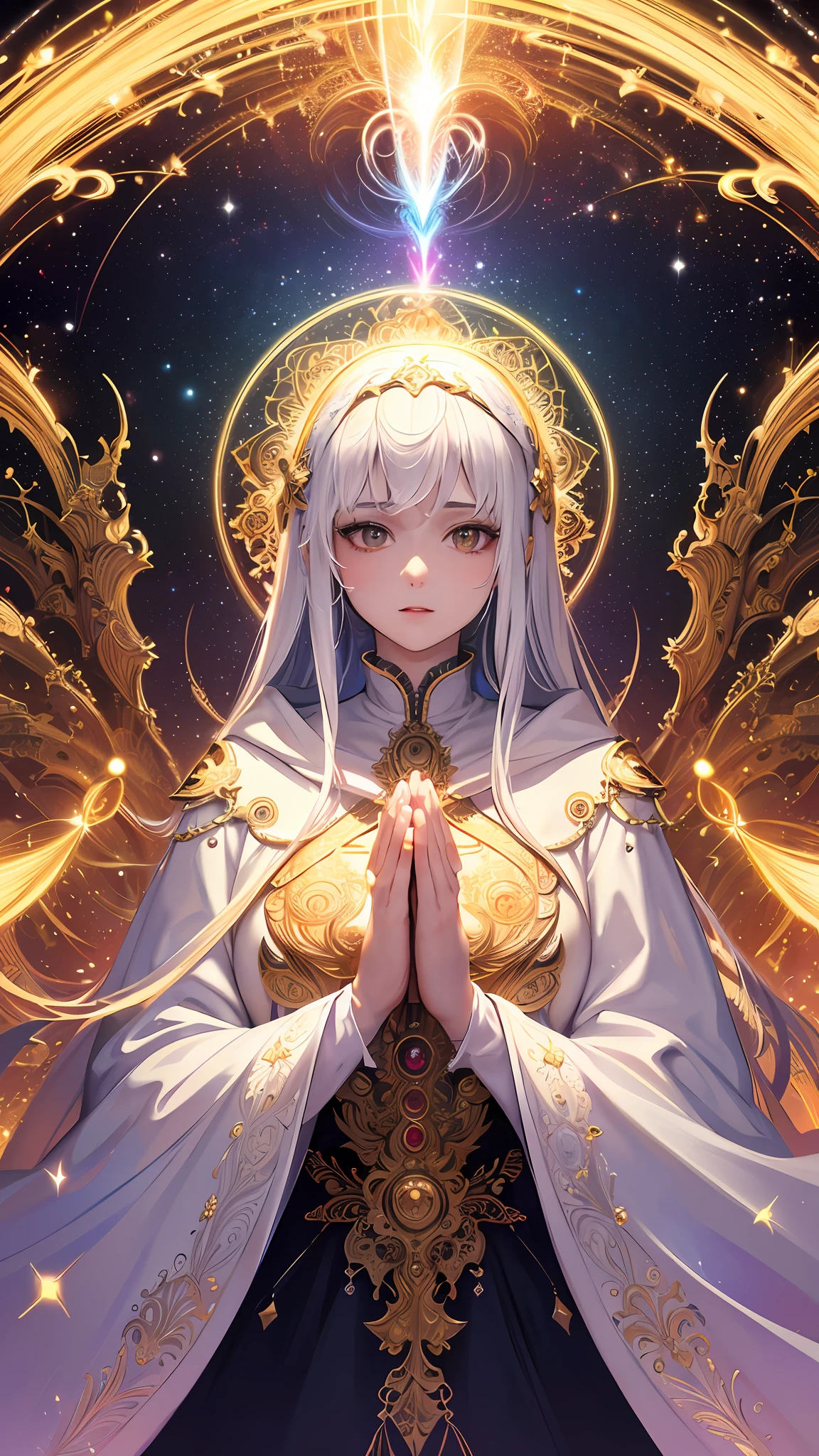 (masterpiece, top quality, best quality, official art, beautiful and aesthetic:1.2), (1girl), extreme detailed, (fractal art:1.3), colorful, highest detailed, perfect face, upper body, HDR, (praying:1.3), (white cloak golden lines:1.2), galaxy, (light streaks), striking visuals, (dynamic streaks, luminous trails:1.2), vibrant colors