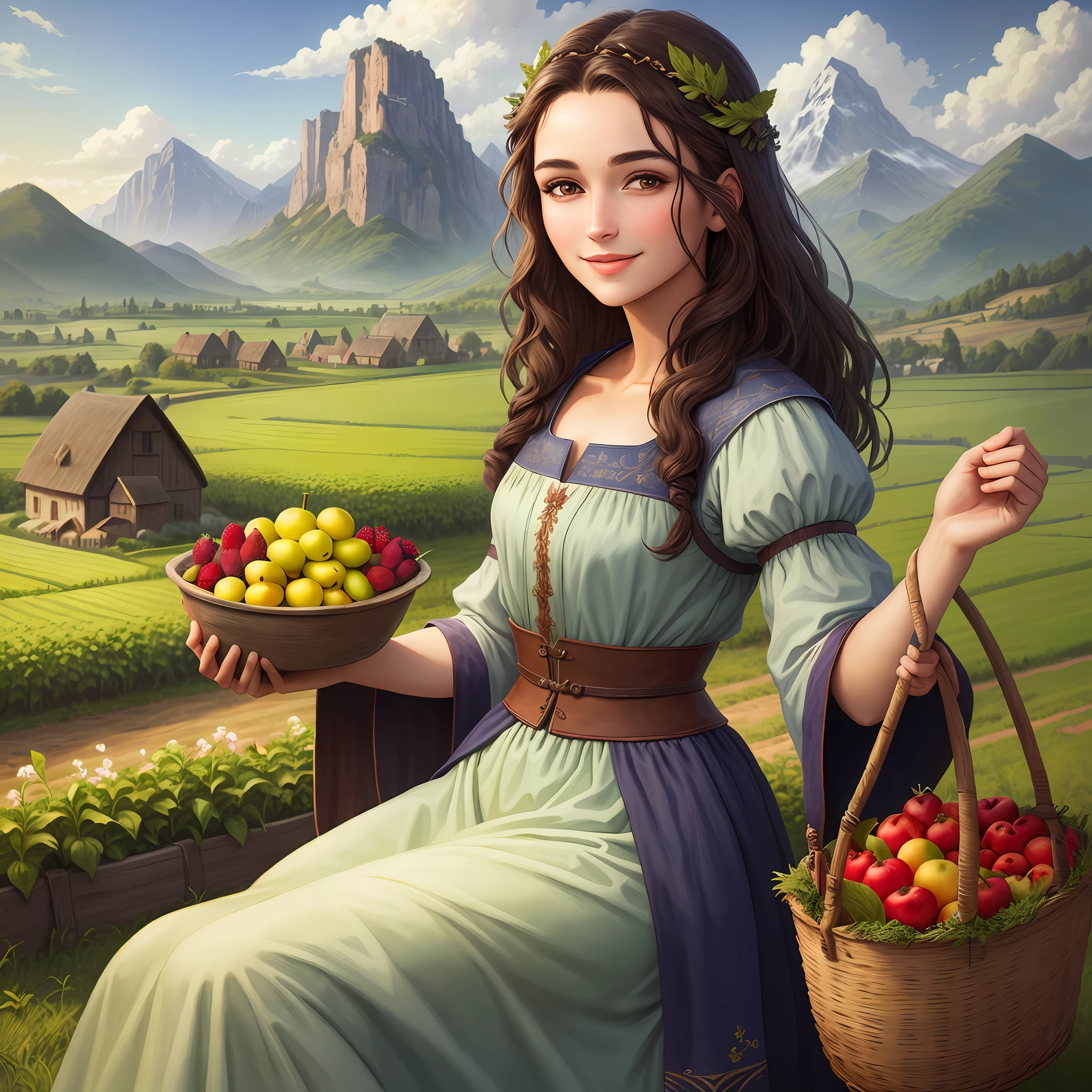 Medieval aged goodlooking girl harvesting fruits in the farm, landsacpe, photorealistic, highly detailed, plants and fruits, mountains background, colourful clouds, dawn, dark eyebrows, smiled, natural skin texture, dark brown hair,