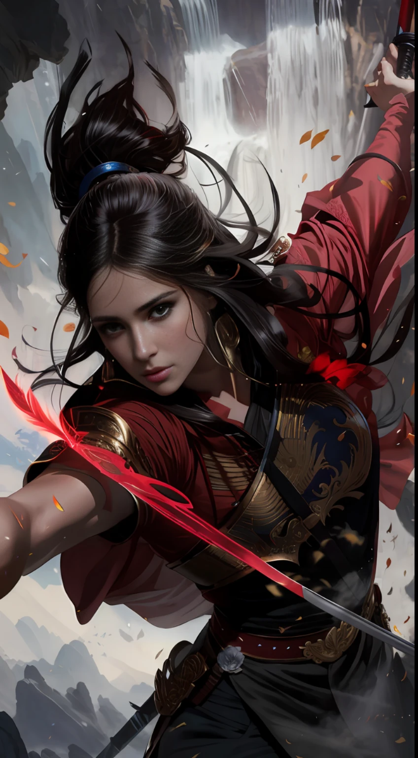 arafed image of a woman with a sword in a red shirt, graphic artist magali villeneuve, magali villeneuve', ross tran 8 k, inspired by Magali Villeneuve, ross tran and bayard wu, artgerm and ruan jia, by ruan jia and stanley artgerm, by Yang J, ross tran and wlop