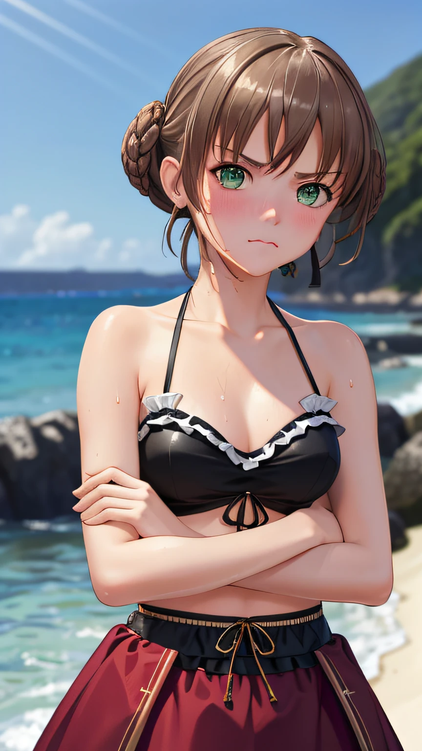 masterpiece, ultra high quality CG, best quality, perfect picture, solo, Duvalie (brown hair with braided buns, green eyes, bustier, cute, small breasts), sexy black and red bikini, angry face, at the seashore, summer day, wet, sweat, blushing, crossed arms, looking at viwer,