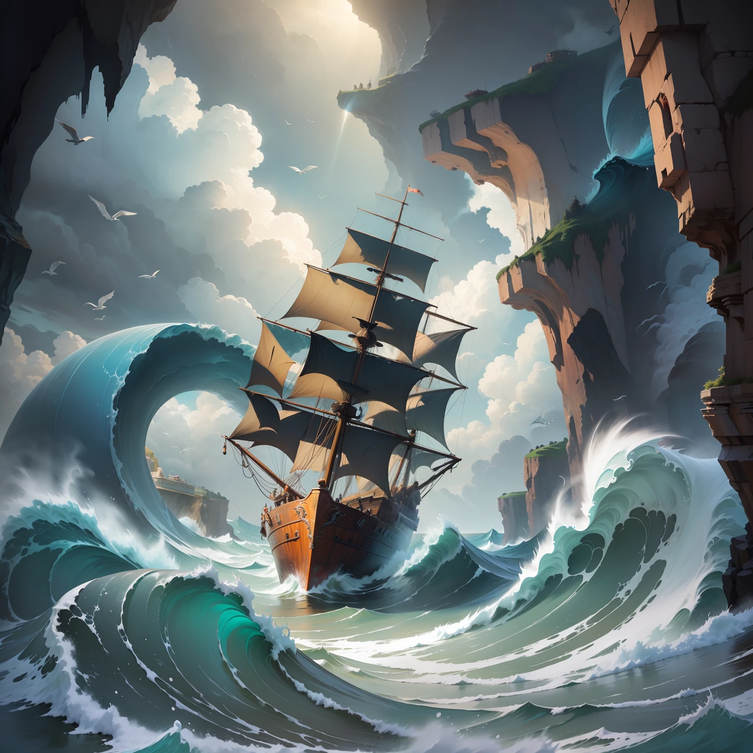 giant waves hitting cliff with abundant vegetation, seagulls flying, sky with storm, shipwreck vessel,people with black raincoat looking,mermaids in the water,too depth of field, gloomy tone,
