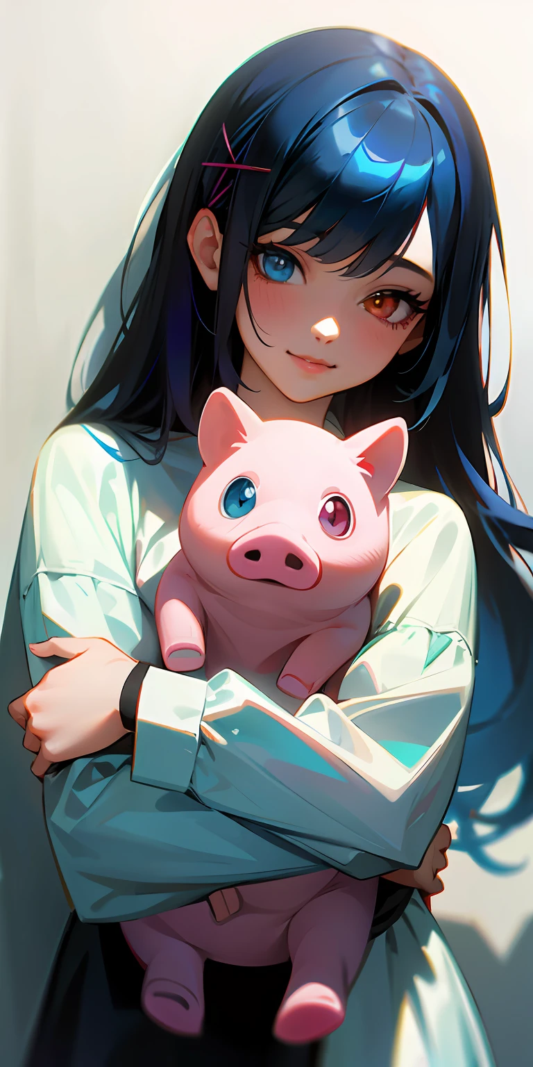 (heterochromia, right eye is blue, left eye is red: 1.4), cuddling stuffed pig, one girl, solo, shiny skin, very detailed, ultra detailed, ultra high definition, (photorealistic: 1.4), (best quality), (best shadow), ulzzang-6500, detail, perfect lighting, blue hair, smile, x hairpin,