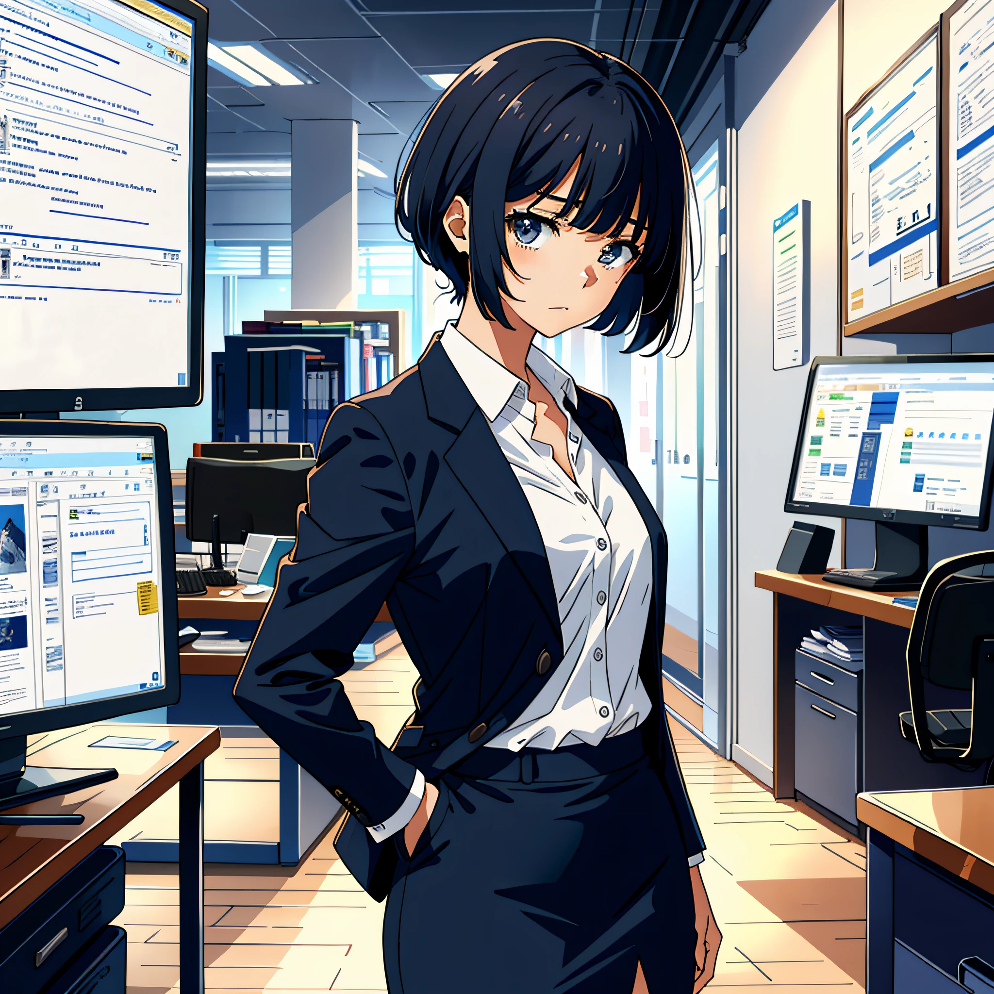 Masterpiece, Best Quality, Perfect Anatomy, 1girl, Solo, Itsumi Erika, bangs, office, dress shirt, blazer, pencil skirt, standing, hands crossed waist, face full of disappointment: 1.5, sadness,