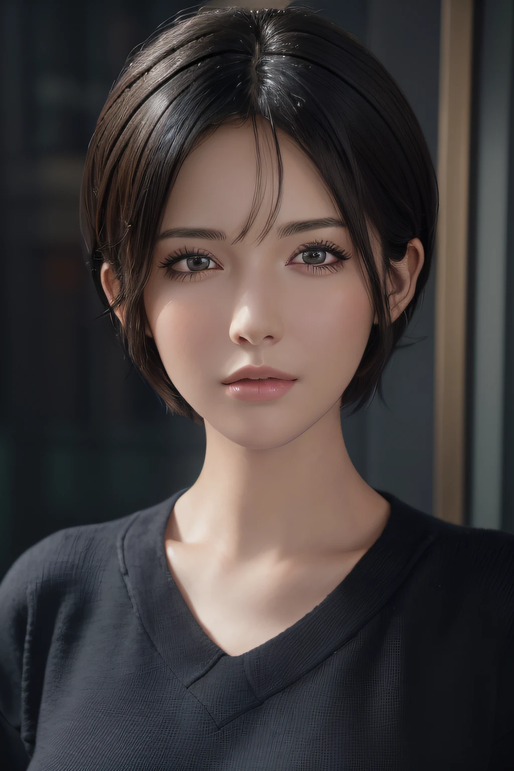 (masterpiece:1.3), (8k, photorealistic, RAW photo, best quality: 1.4), (1girl), beautiful face, (realistic face), (black hair, short hair:1.3), beautiful hairstyle, realistic eyes, beautiful detailed eyes, (realistic skin), beautiful skin, (sweater), absurdres, attractive, ultra high res, ultra realistic, highly detailed, golden ratio