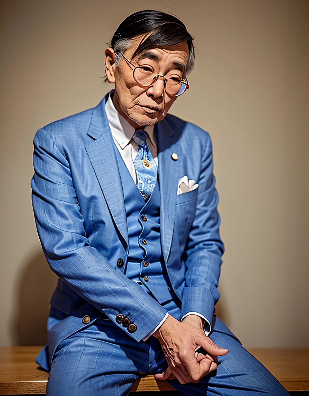 20s old japanese man wearing blue suit,blue glasses,cool guy