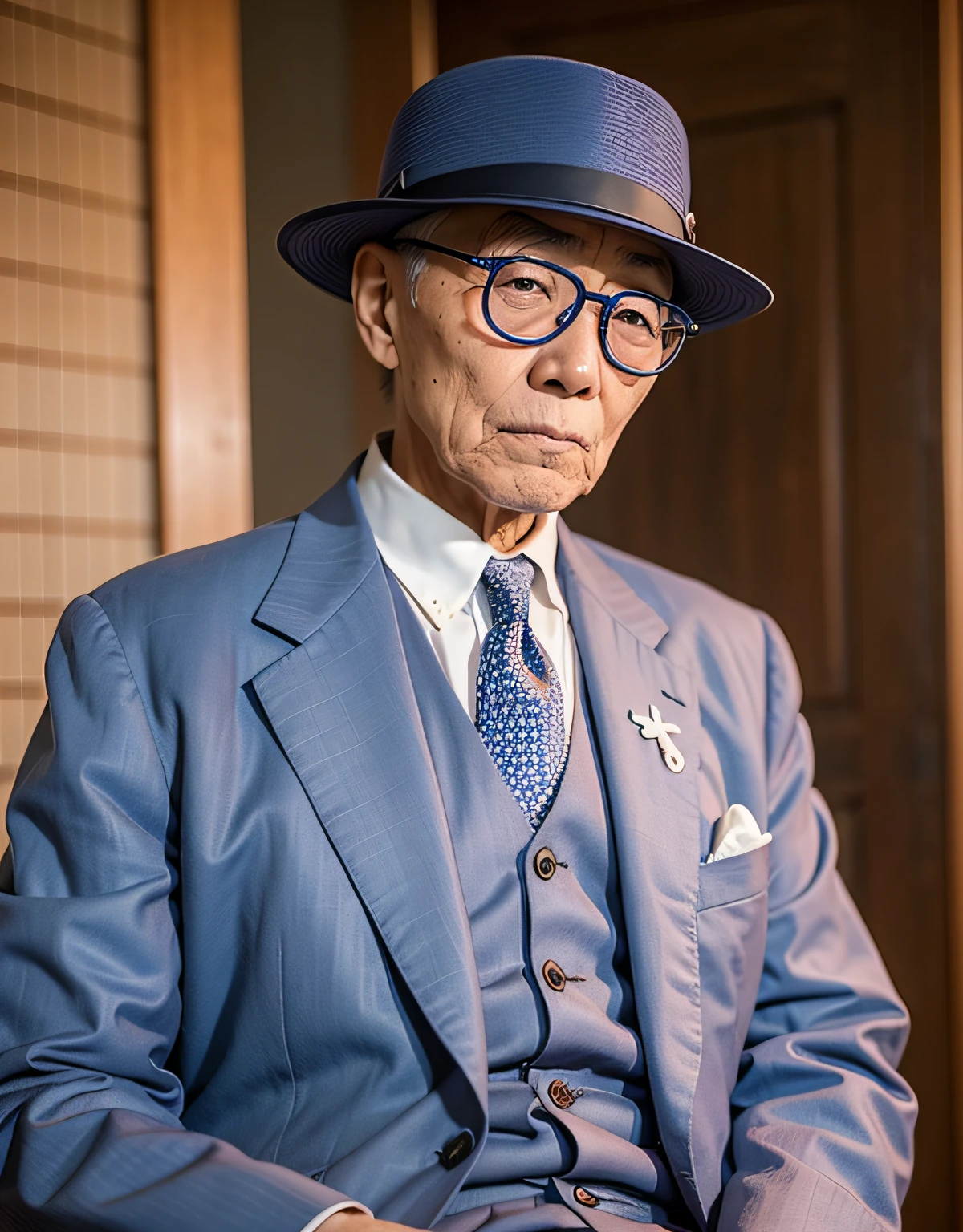 20s old japanese man wearing blue suit,blue glasses,cool guy