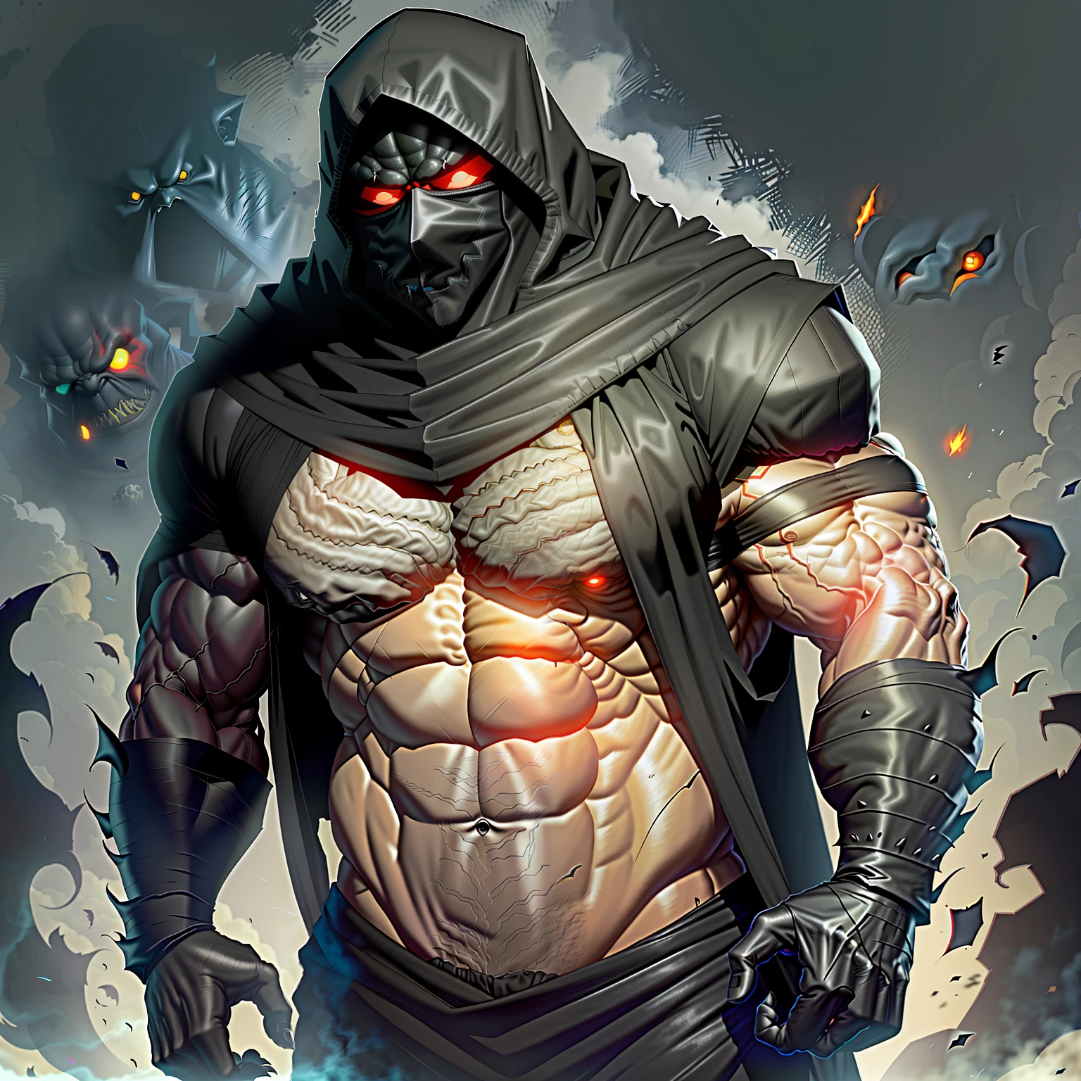 A horrifying and large muscular creature with no visible face, only its black and horrifying eyes that come out of darkness before them as it wears a cloth bag that entirely covers its face. His face is completely covered by a cloth bag that hides his horrible and disgusting appearance