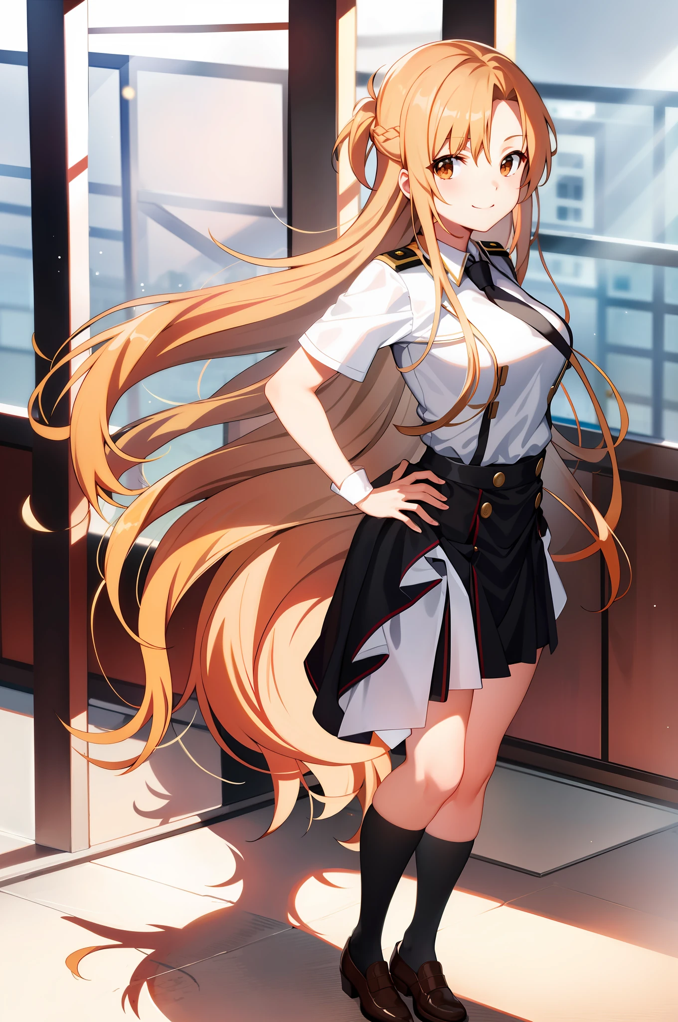 Asuna, asuna_\(sao\), 1girl, (sexy pose:1.4), highres, original, realistic, scenery, close_up, upper_body, smiling, solo, long hair, looking at viewer, smile, bangs ,detailed eyes, beautiful background, hands on the chest, blonde hair, brown eyes, very long hair, standing, (full body:1.5), at the school, school view, classroom, school uniform, black blazer, mini skirt, black shoes, school clothes, student, necktie, white outerline uniform, black uniform, black high stocking, black stocking,