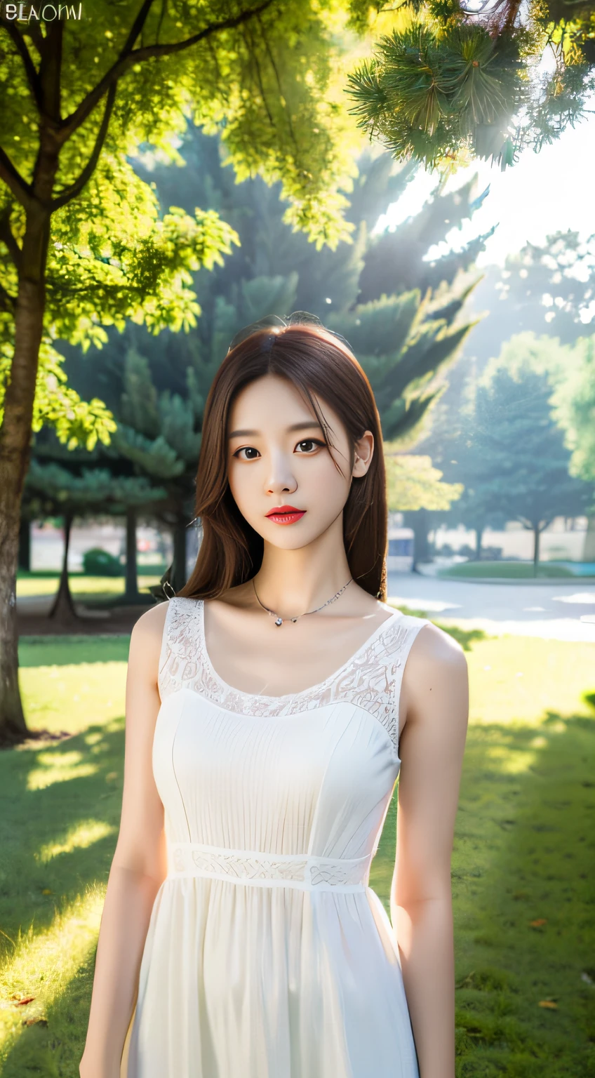 (8k, RAW photo, best quality, masterpiece:1.2), (realistic, photo-realistic:1.37), professional lighting, photon mapping, radiosity, Korean Doll, park, white summer dress