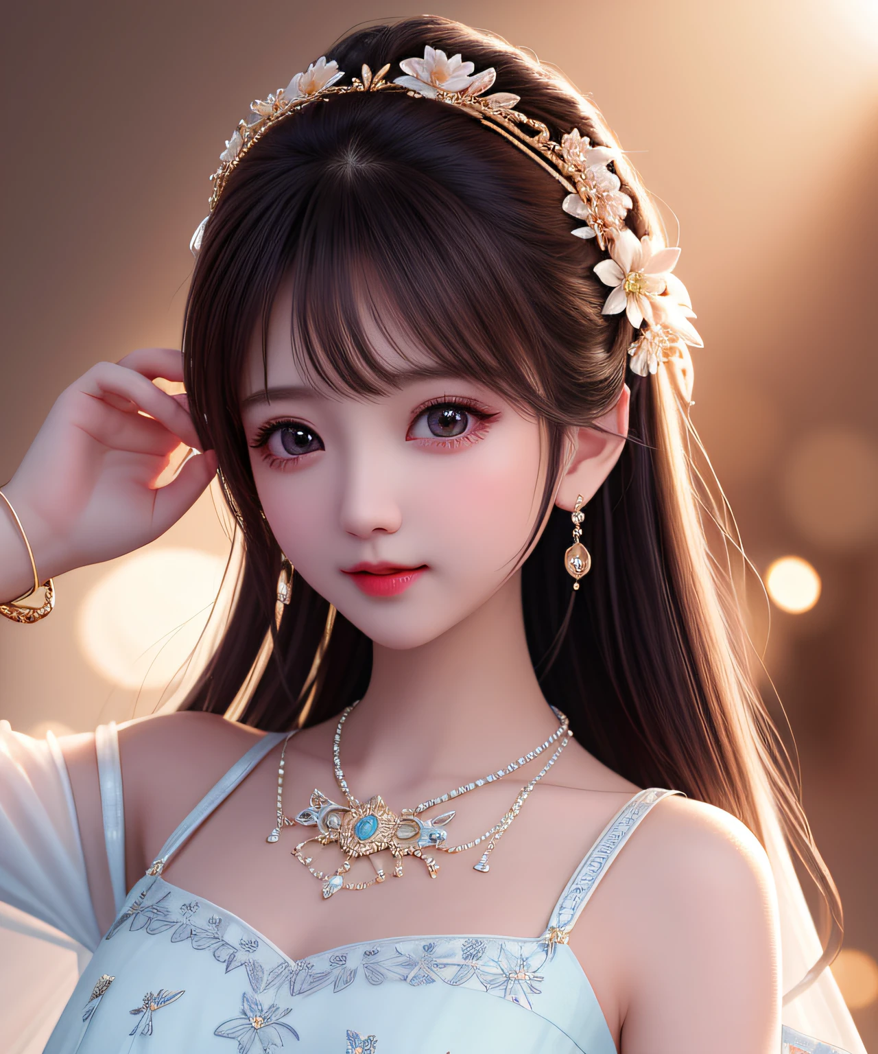 Best Quality, Masterpiece, High Resolution, 1Girl, Porcelain Dress, Hair Accessories, Necklace, Jewelry, Beautiful Face, Body, Tyndall Effect, Realism, Dark Studio, Edge Lighting, Two-tone Lighting, (High Detail Skin: 1.2), 8K UHD, DSLR, Soft Light, High Quality, Volumetric Light, Candid Photo, High Resolution, 4K, 8K, Background Blur, Q Version Girl, Cute, Hands Open, Happy, Teething, Looking at You, Big Eyes, Head Slightly Up