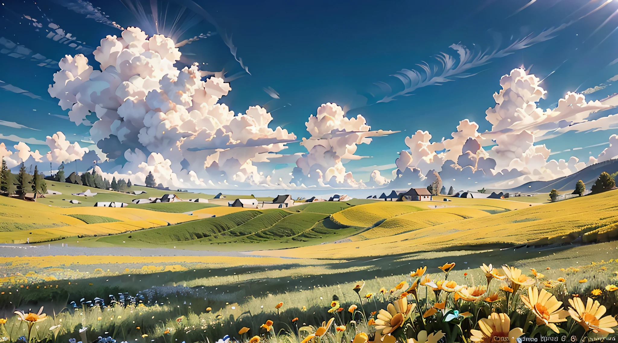 Summer prairie, meadow, few small flowers, large clouds, blue sky, hot weather, HD detail, hyper-detail, cinematic, surrealism, soft light, deep field focus bokeh, ray tracing, and surrealism. --v 6