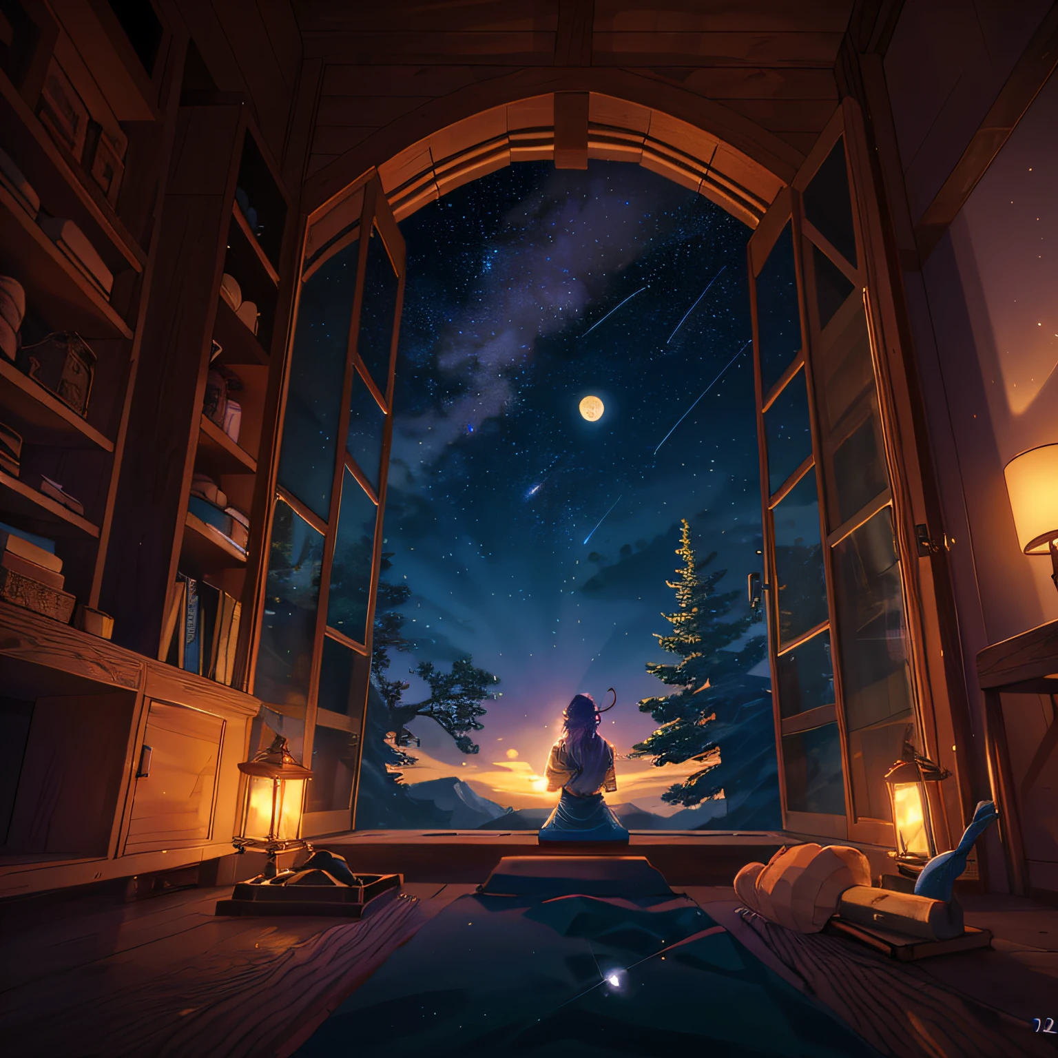 Expansive landscape photography, (view from below with a view of the sky and the wilderness below), shrine, (full moon: 1.2), (shooting star: 0.9), (nebula: 1.3), distant mountain, tree break production art, (warm light source: 1.2), (firefly: 1.2), lamp, purple and orange, intricate detail, volume lighting, realism break (masterpiece: 1.2), (highest quality), 4k, Ultra-detailed, (dynamic composition: 1.4), highly detailed and colorful details, (iridescent colors: 1.2), dreamy, magical, (sparkling lighting, atmospheric lighting), (solo: 1.2)