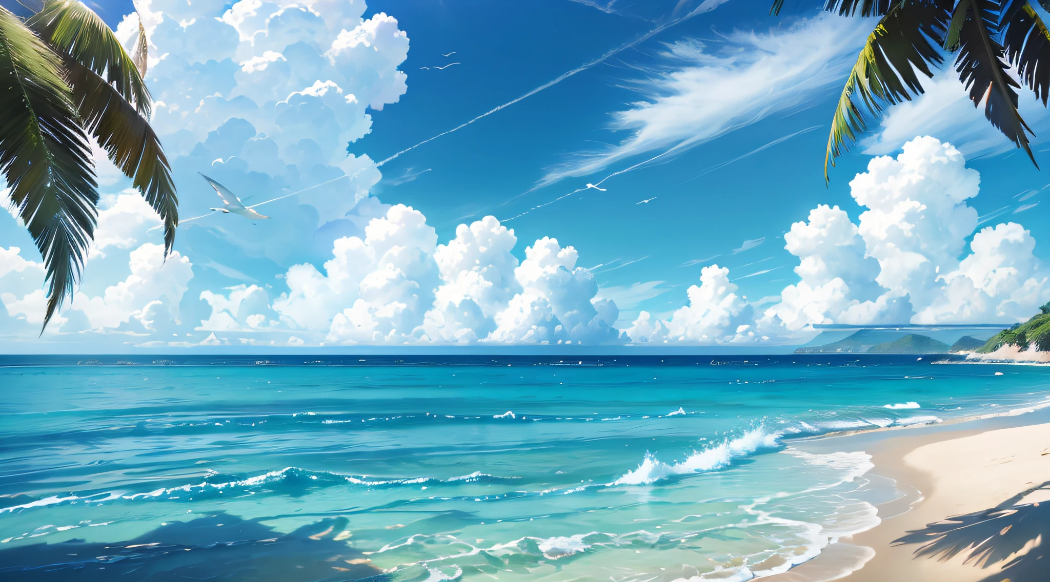 Summer, seaside, island, clear water, blue gradient water, transparent water, island, coconut palm, paradise, large clouds, blue sky, hot weather, HD detail, hyper-detail, cinematic, surrealism, soft light, deep field focus bokeh, distant snow mountains, ray tracing, and surrealism. --v 6